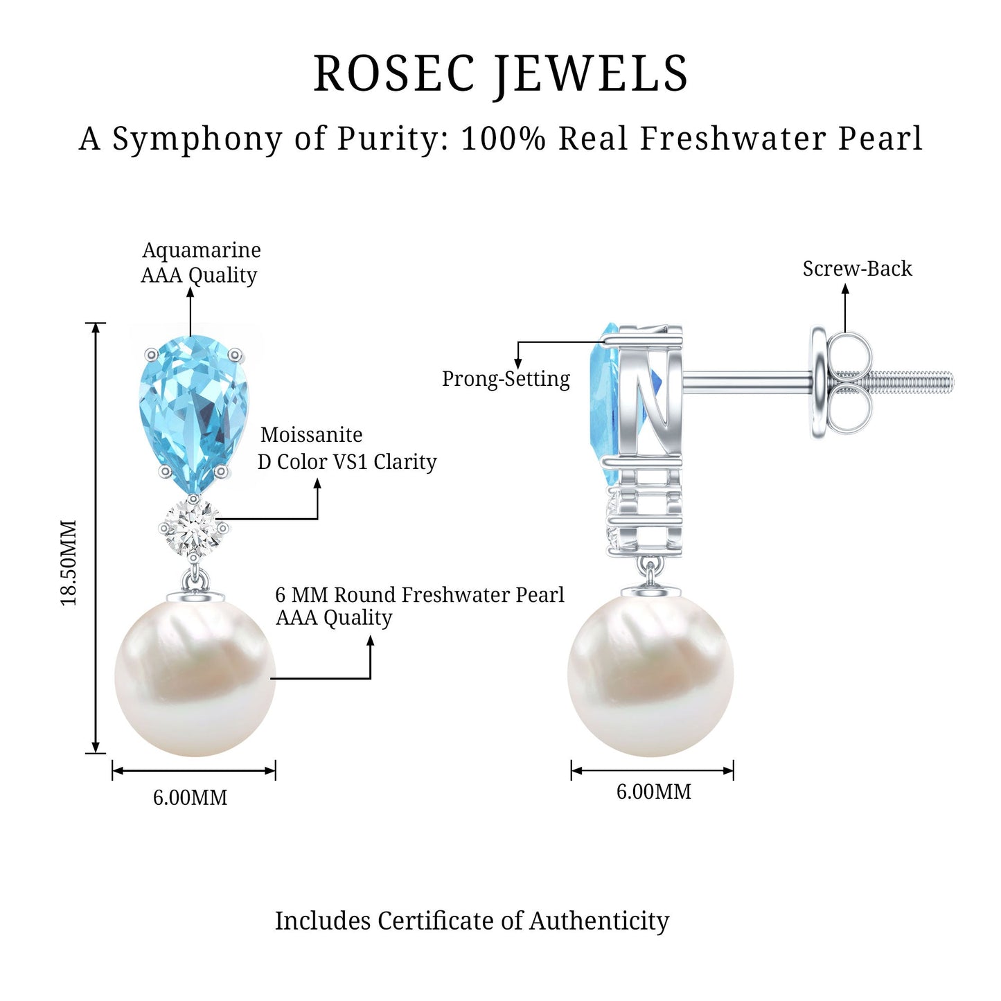 Certified Pearl Wedding Drop Earrings with Aquamarine