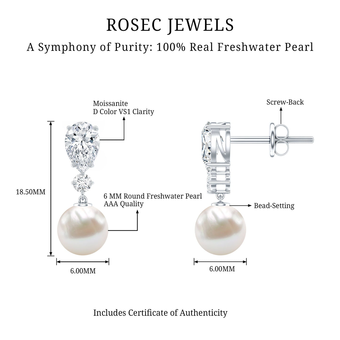Moissanite and Freshwater Pearl Dangle Drop Earrings