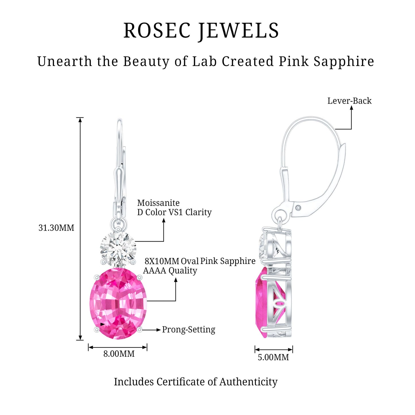 8 Carat Oval Lab Grown Pink Sapphire Drop Hoop Earrings