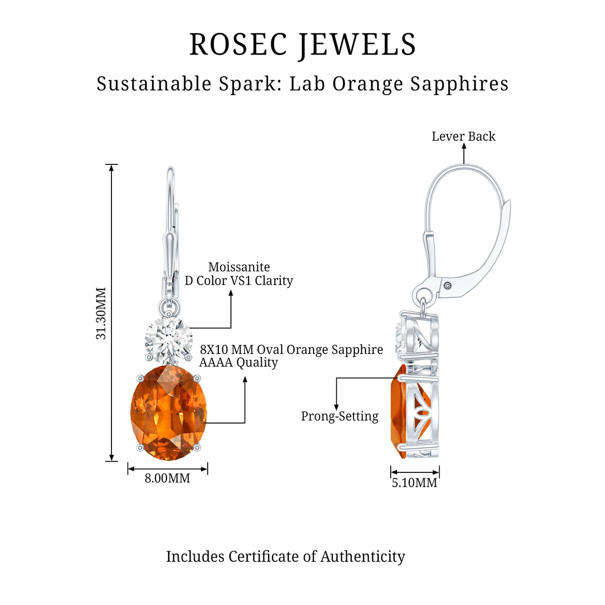 Sterling Silver 8 Carat Lab Grown Orange Sapphire Drop Earrings For Women