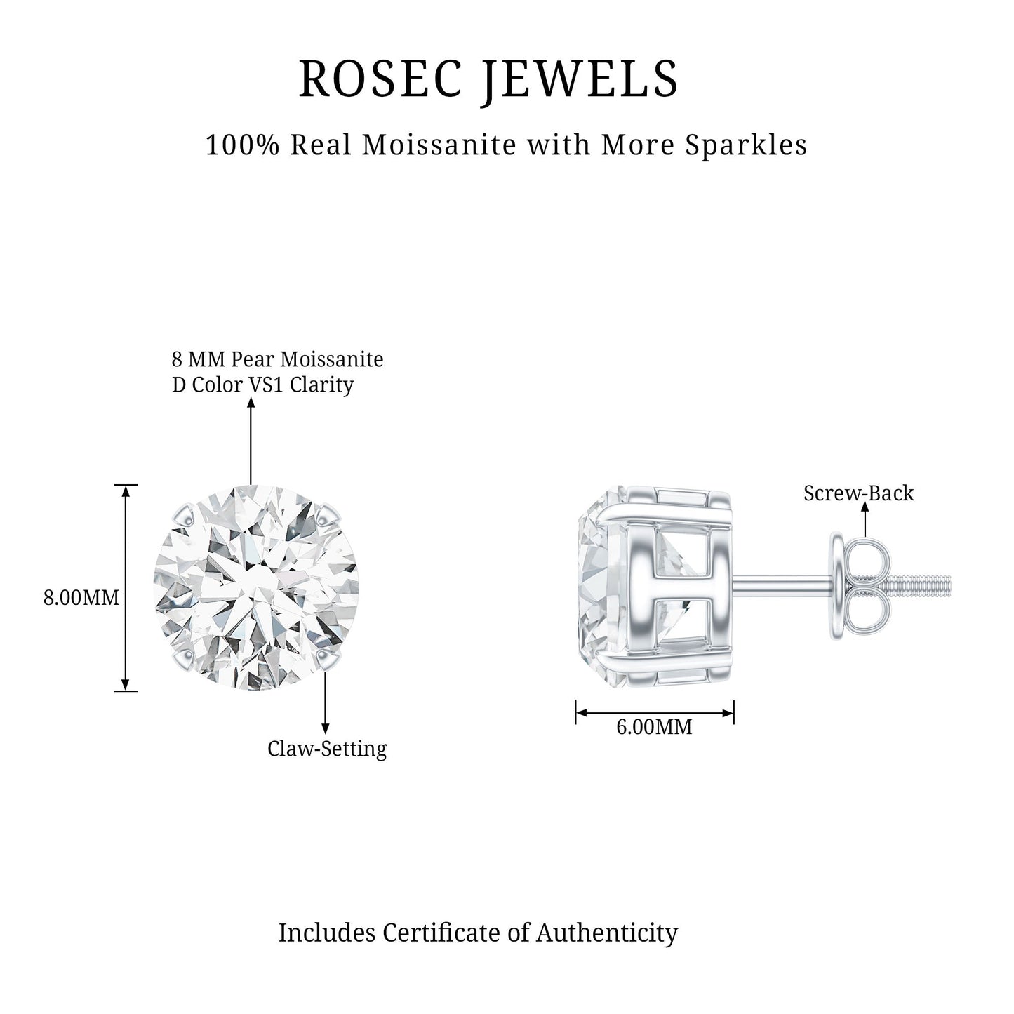 Certified 4 Carat Moissanite Stud Earrings in Silver