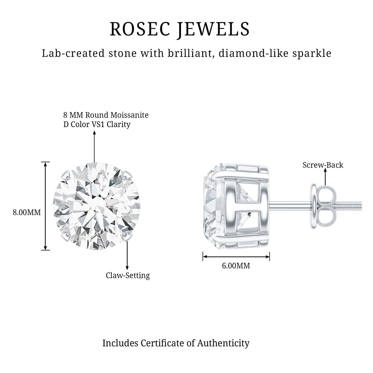Certified 4 Carat Moissanite Stud Earrings in Silver