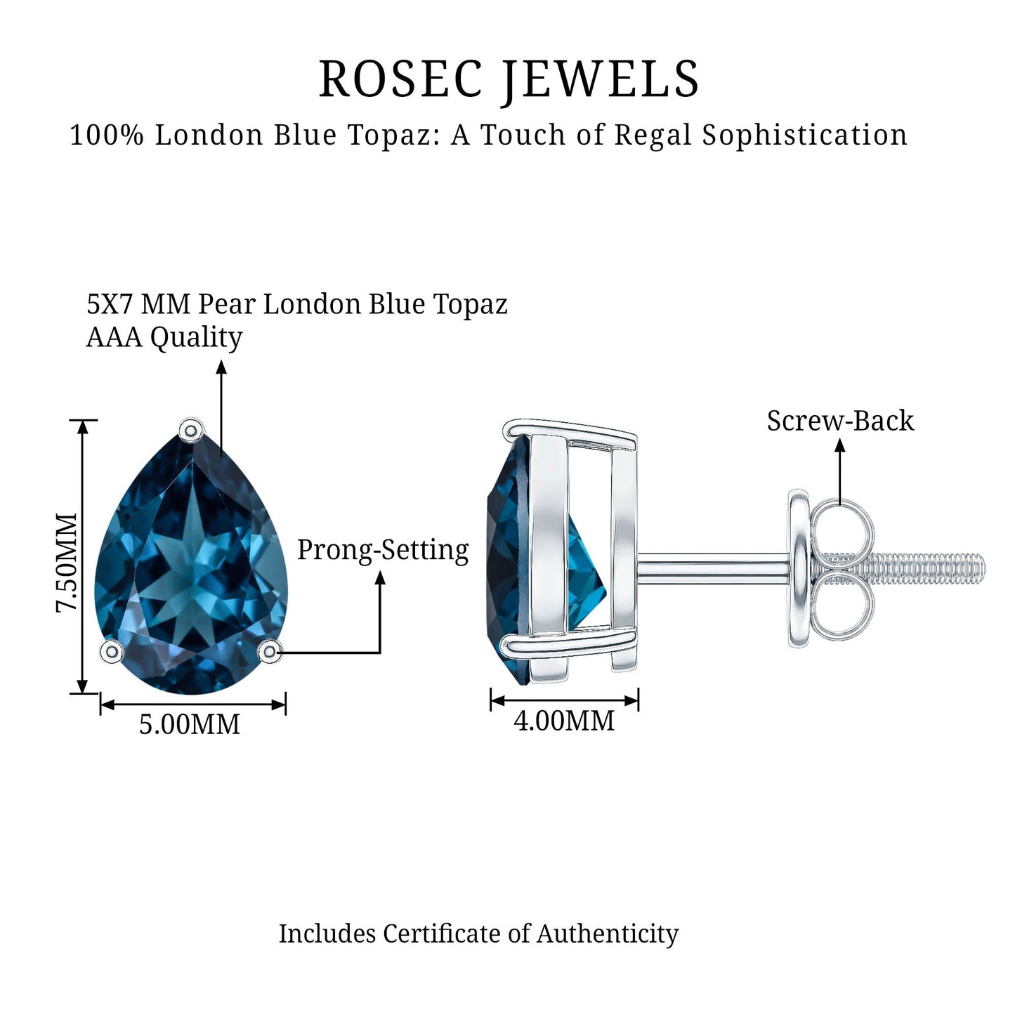 1.5 Carat Pear Shape London Blue Topaz Teardrop Stud Earrings