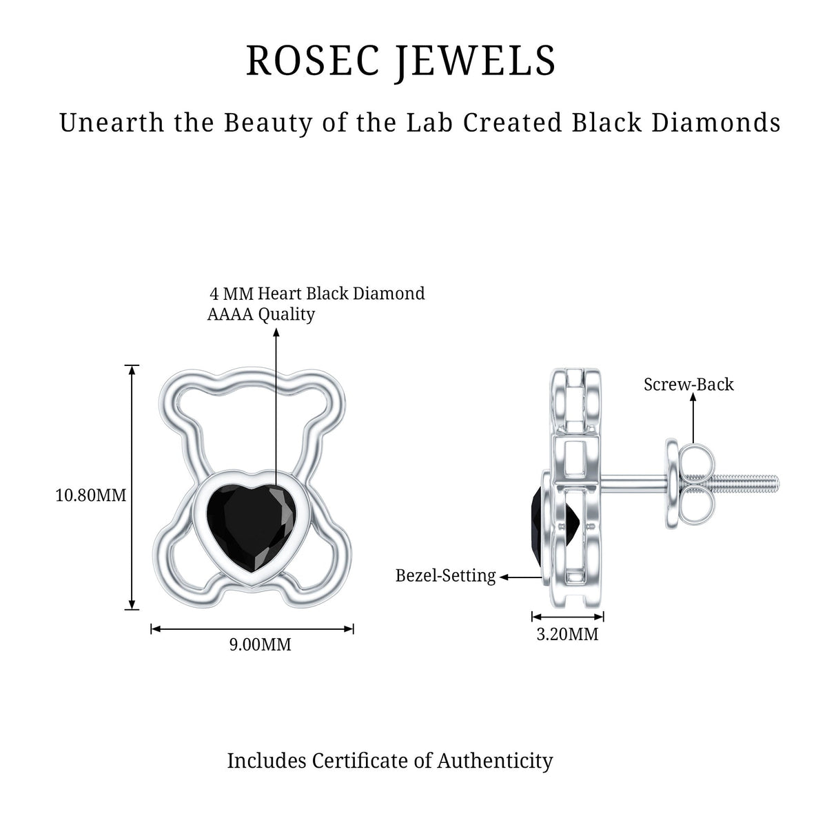 Heart Shape Lab Created Black Diamond Teddy Bear Stud Earrings