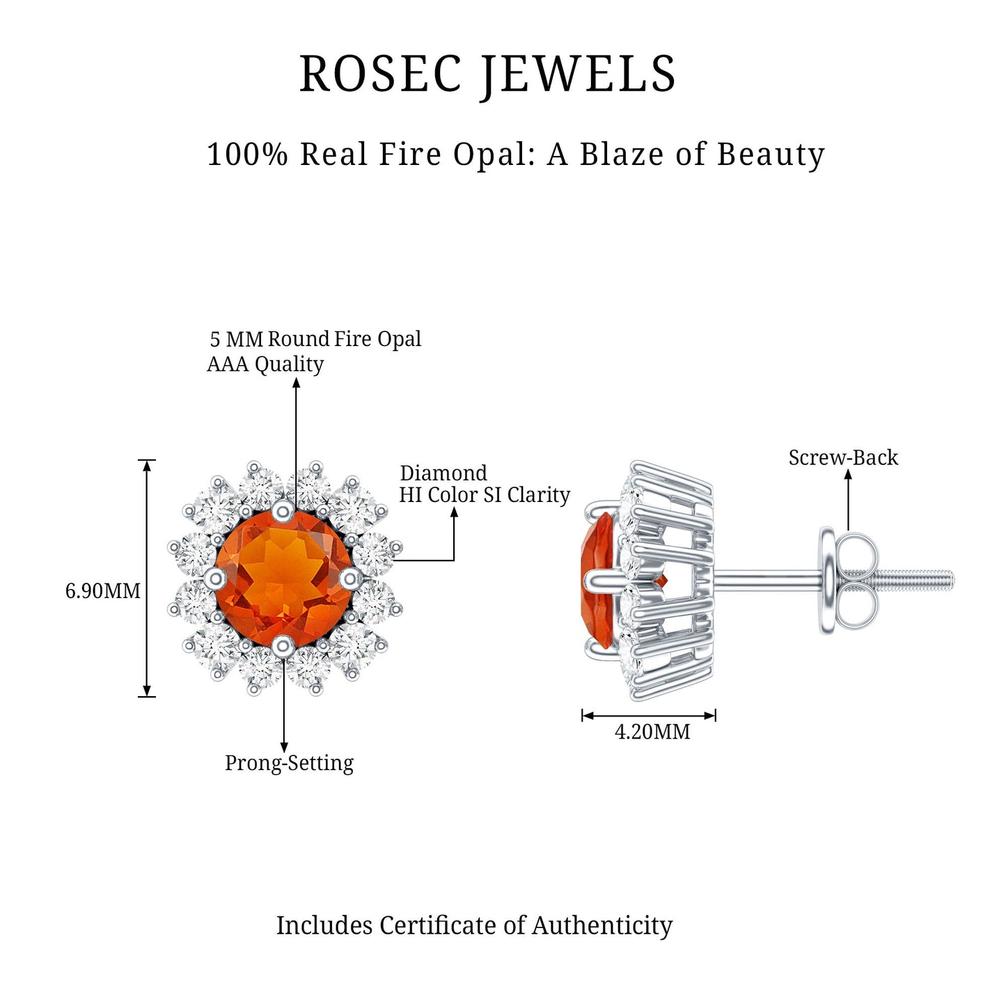 Natural Fire Opal Stud Earrings with Diamond Halo