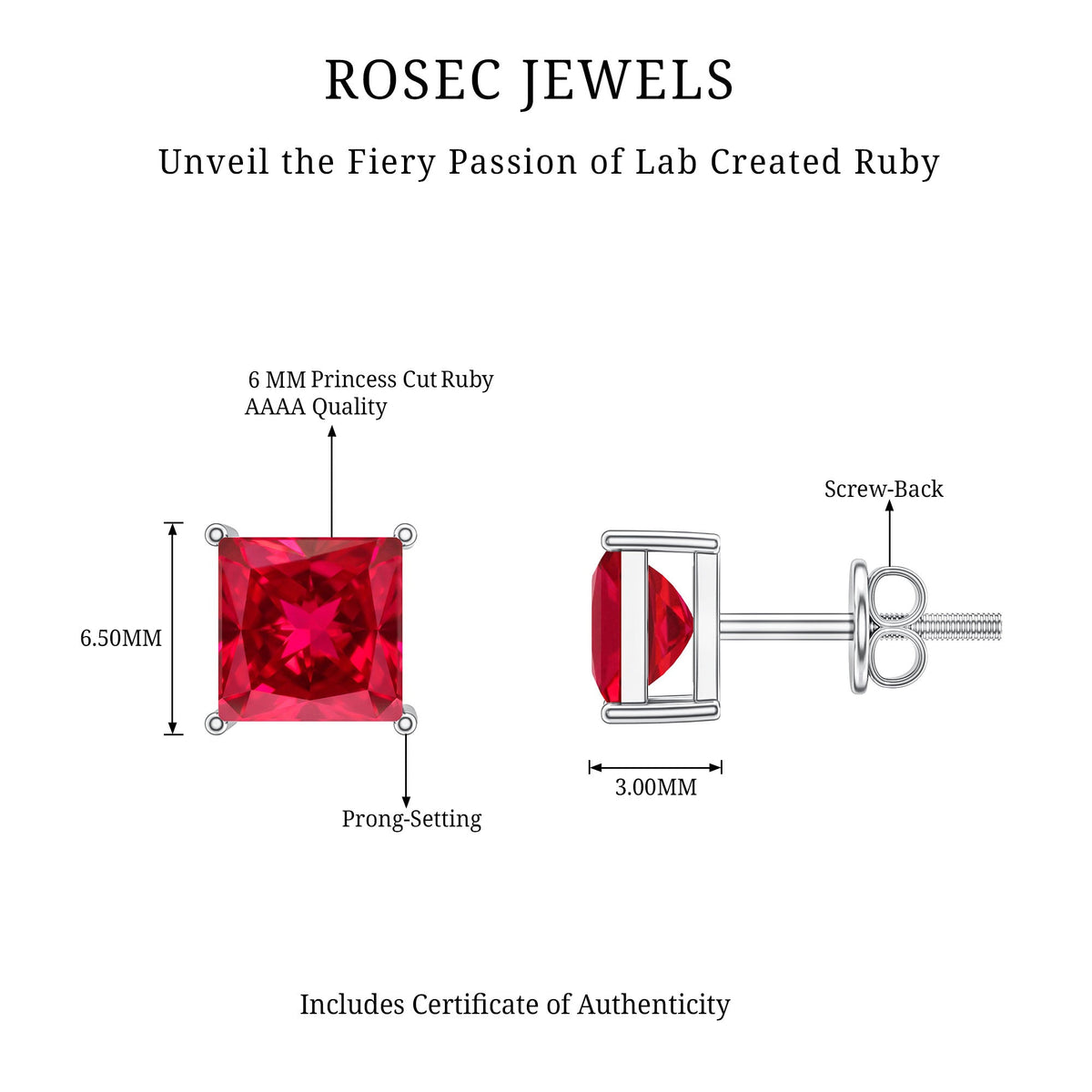 3 Carat Princess Cut Lab Created Ruby Solitaire Stud Earrings