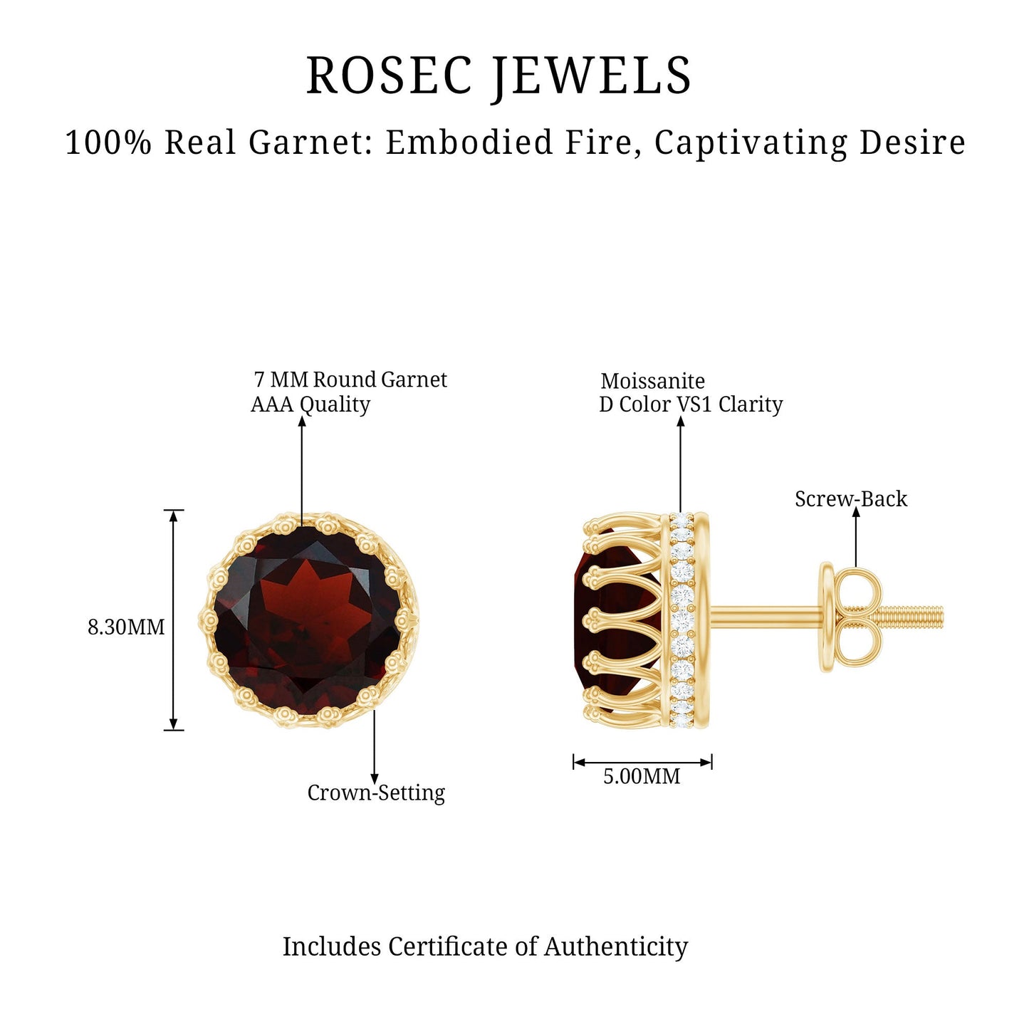 Natural 3.4 Carat Garnet Crown Earrings in Yellow Gold Plated Silver