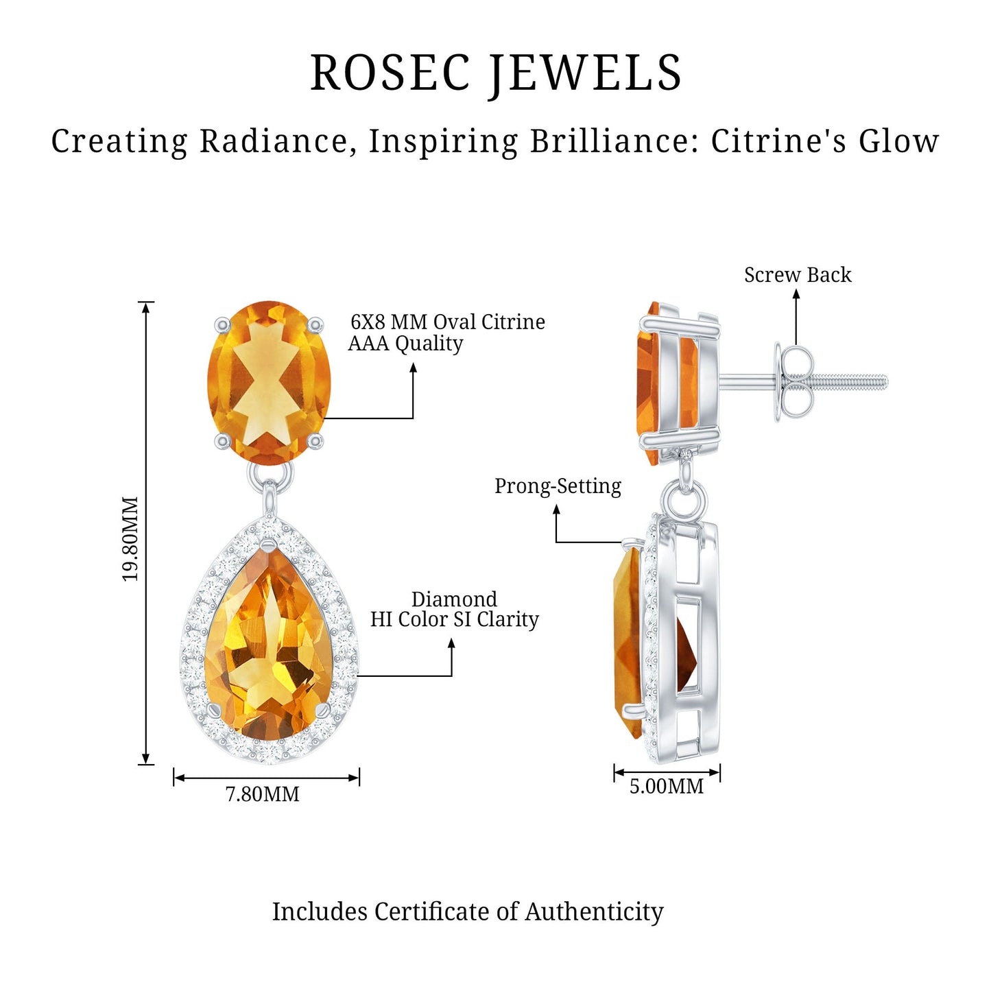 Natural 2 Carat Citrine and Diamond Teardrop Earrings