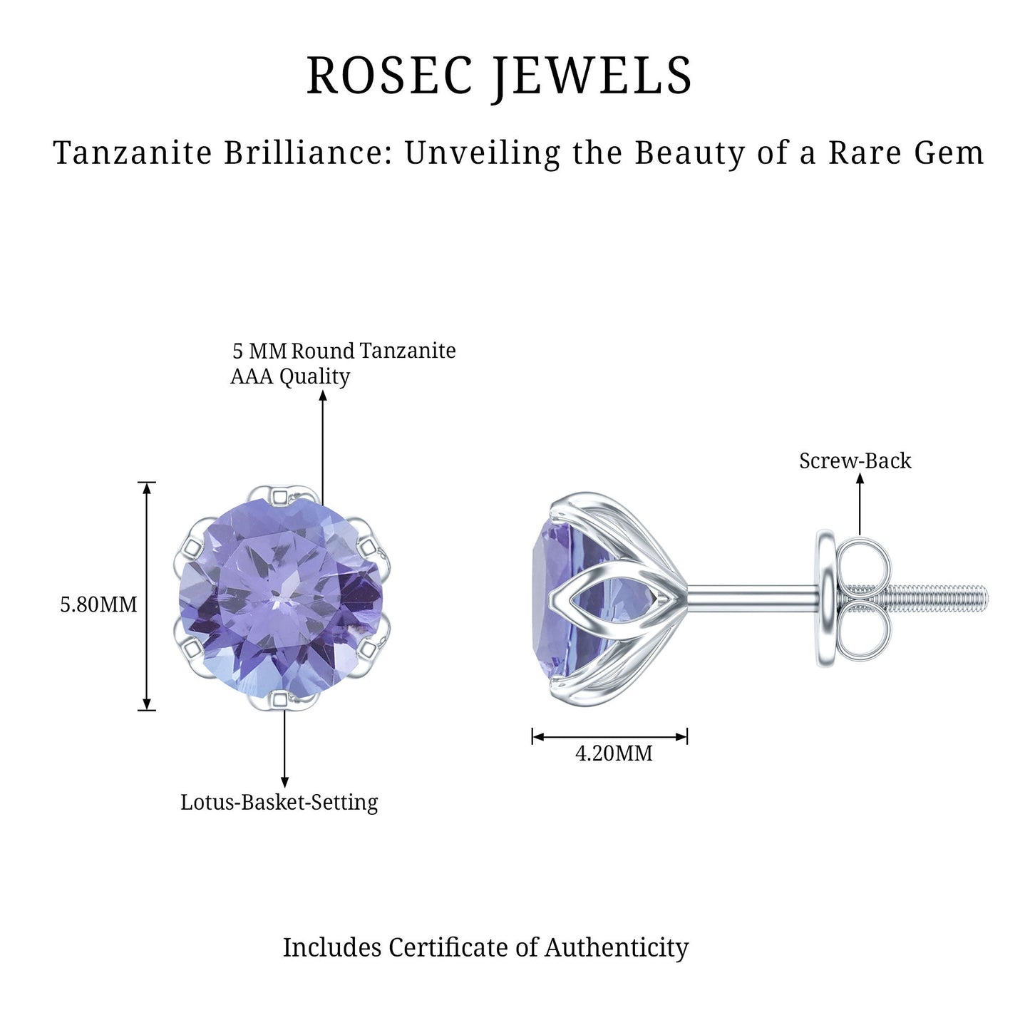 1 Carat Round Cut Tanzanite Solitaire Stud Earrings for Women