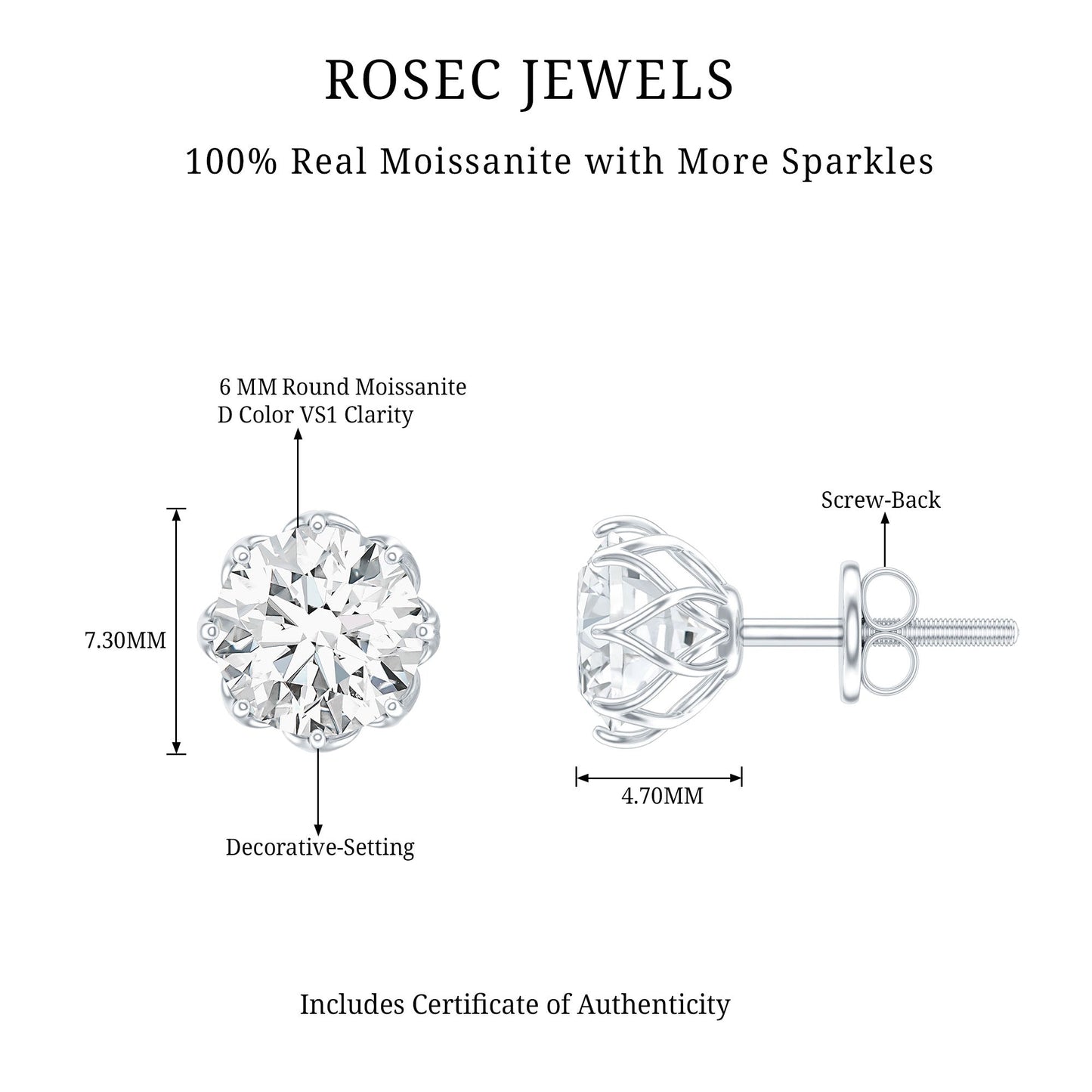 Brilliant Cut 1.90 Carat Moissanite Stud Earrings in Decorative Setting