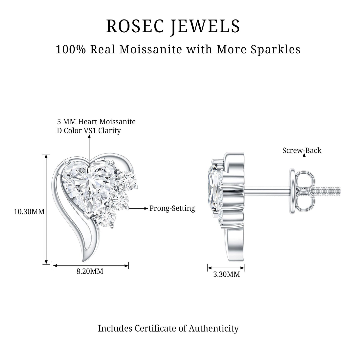 1 Carat Moissanite Heart Stud Earrings in Sterling Silver