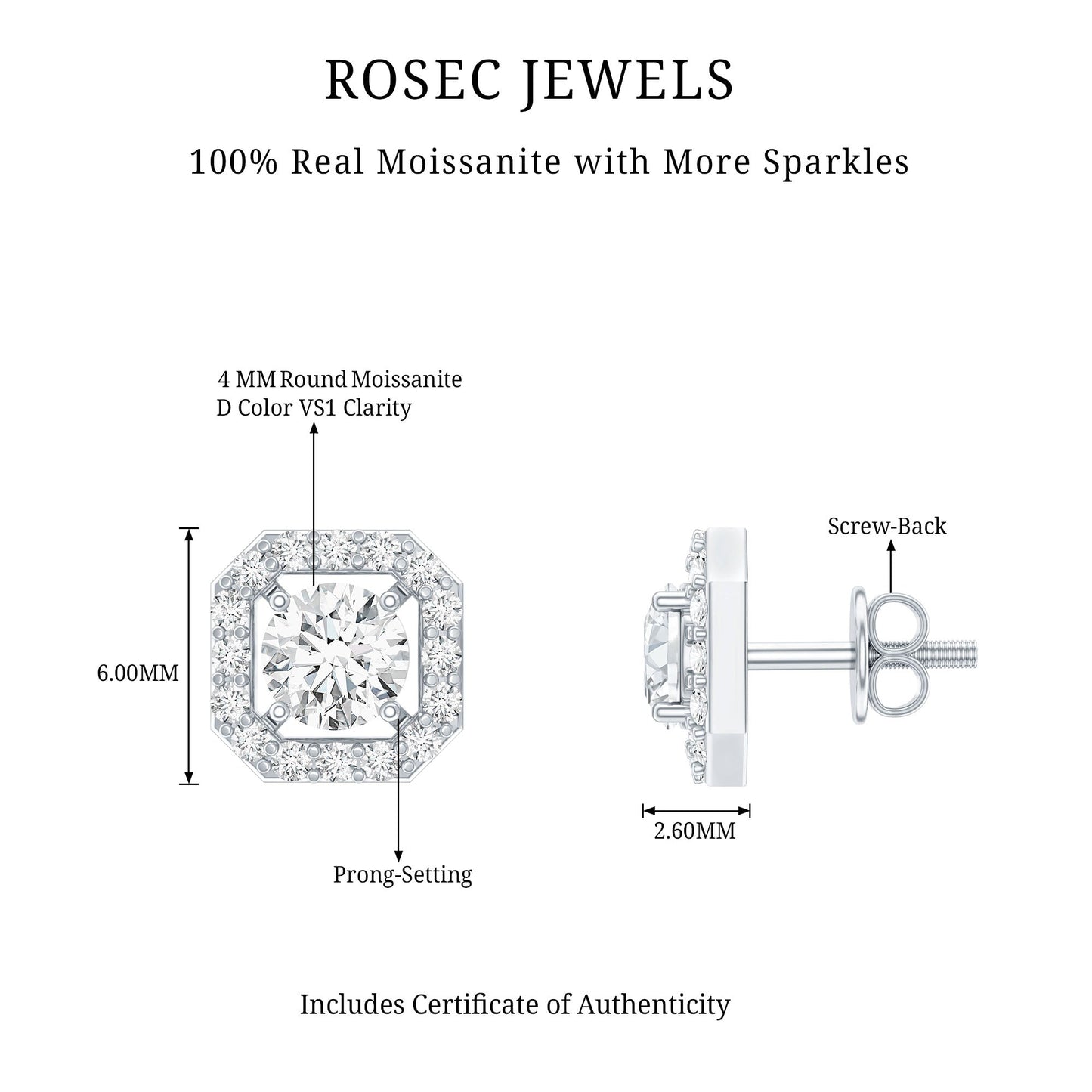 Round Cut Certified Moissanite Halo Stud Earrings with Screw Back