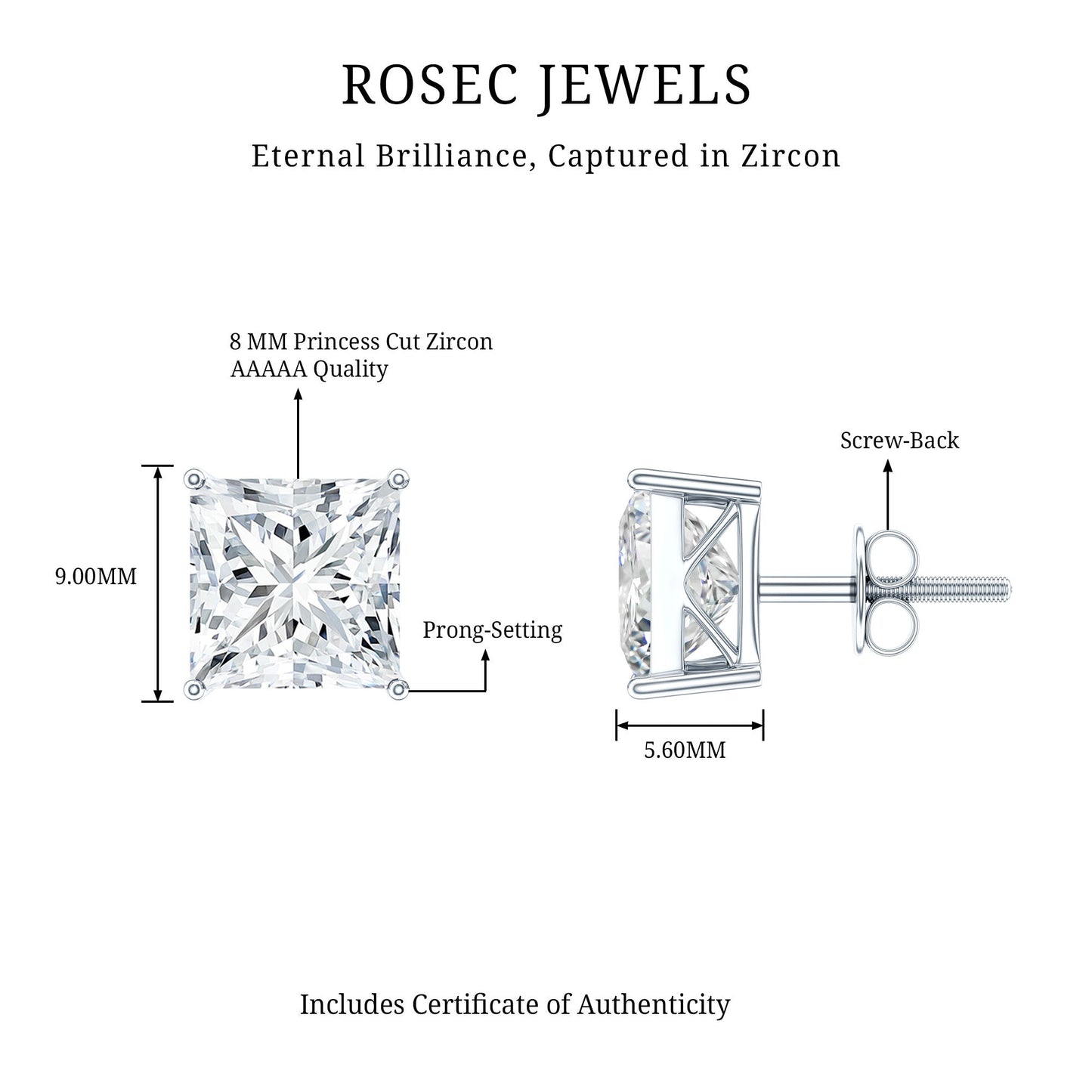 6 Carat Princess Cut Cubic Zirconia Solitaire Stud Earrings in Silver