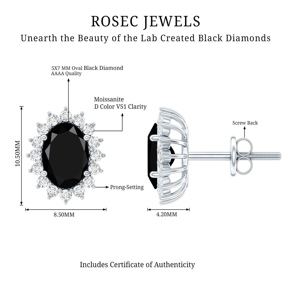 Certified 2.6 Carat Lab Grown Black Diamond Stud Earrings With Screw Back
