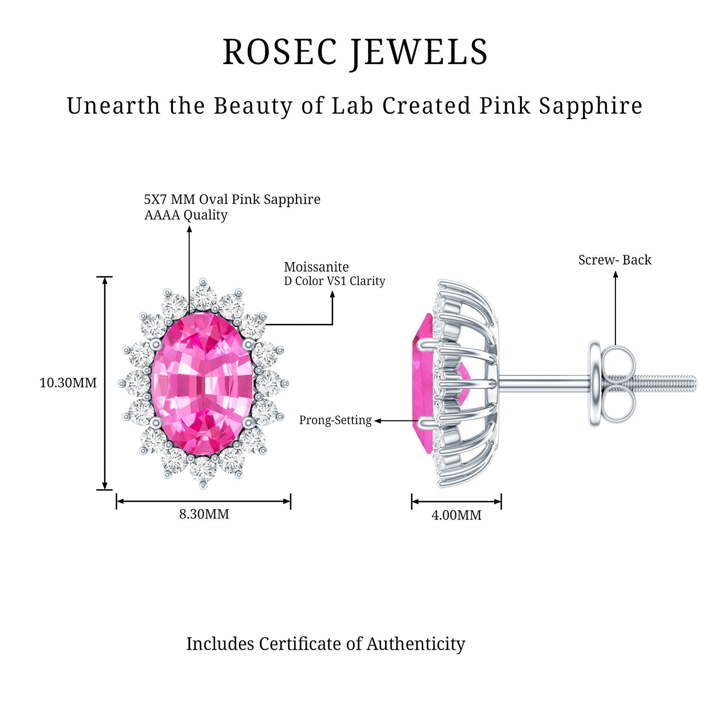 2 Carat Lab Grown Pink Sapphire Stud Earrings with Halo