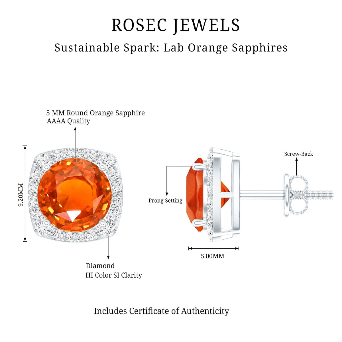 Classic Lab Created Orange Sapphire and Diamond Stud Earrings