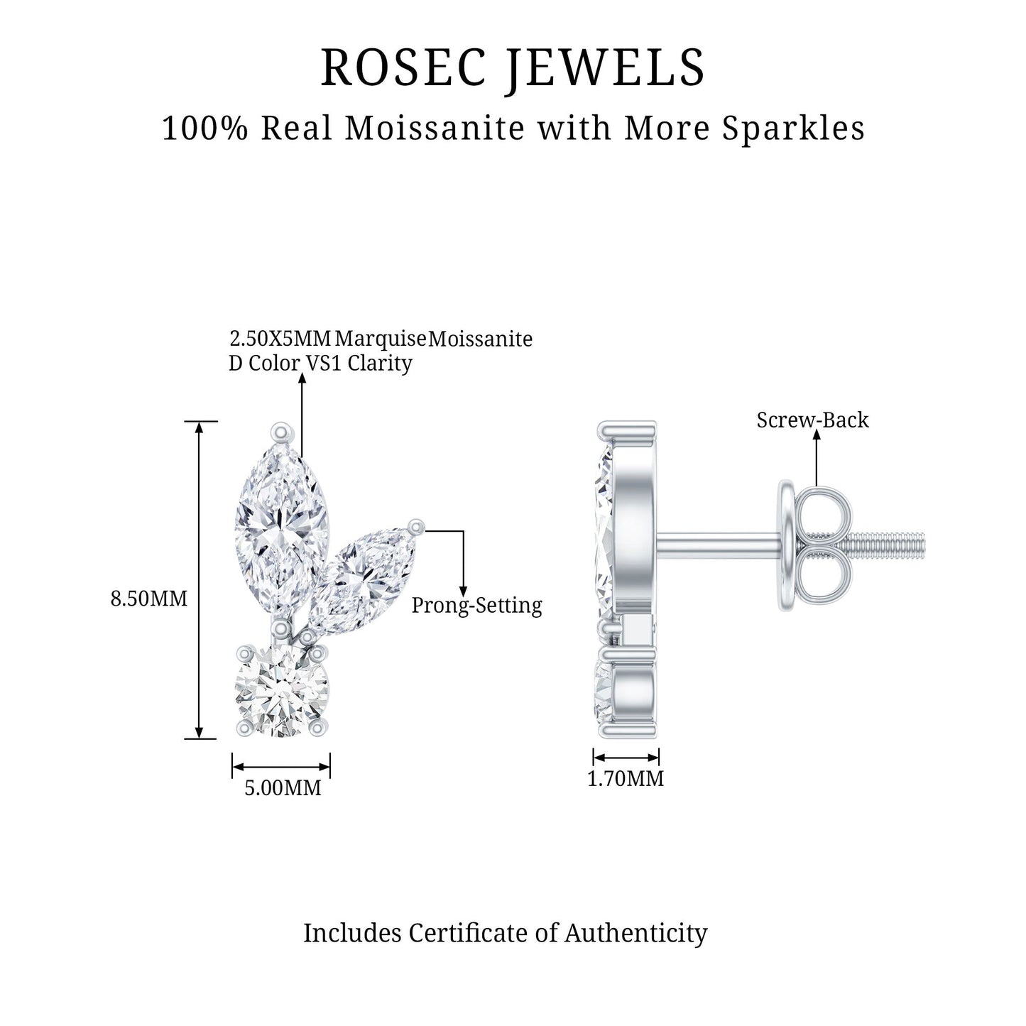 Certified Moissanite Playboy Stud Earrings in 14K Gold Plated Silver