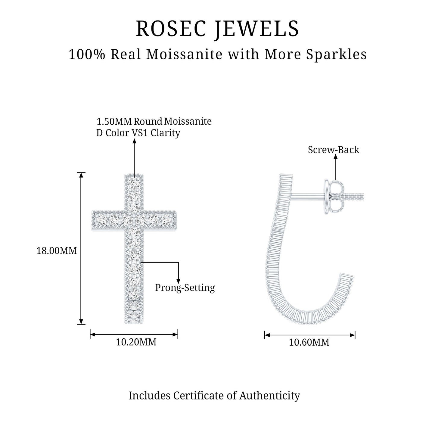 Certified Moissanite Cross J Hoop Earrings in Sterling Silver