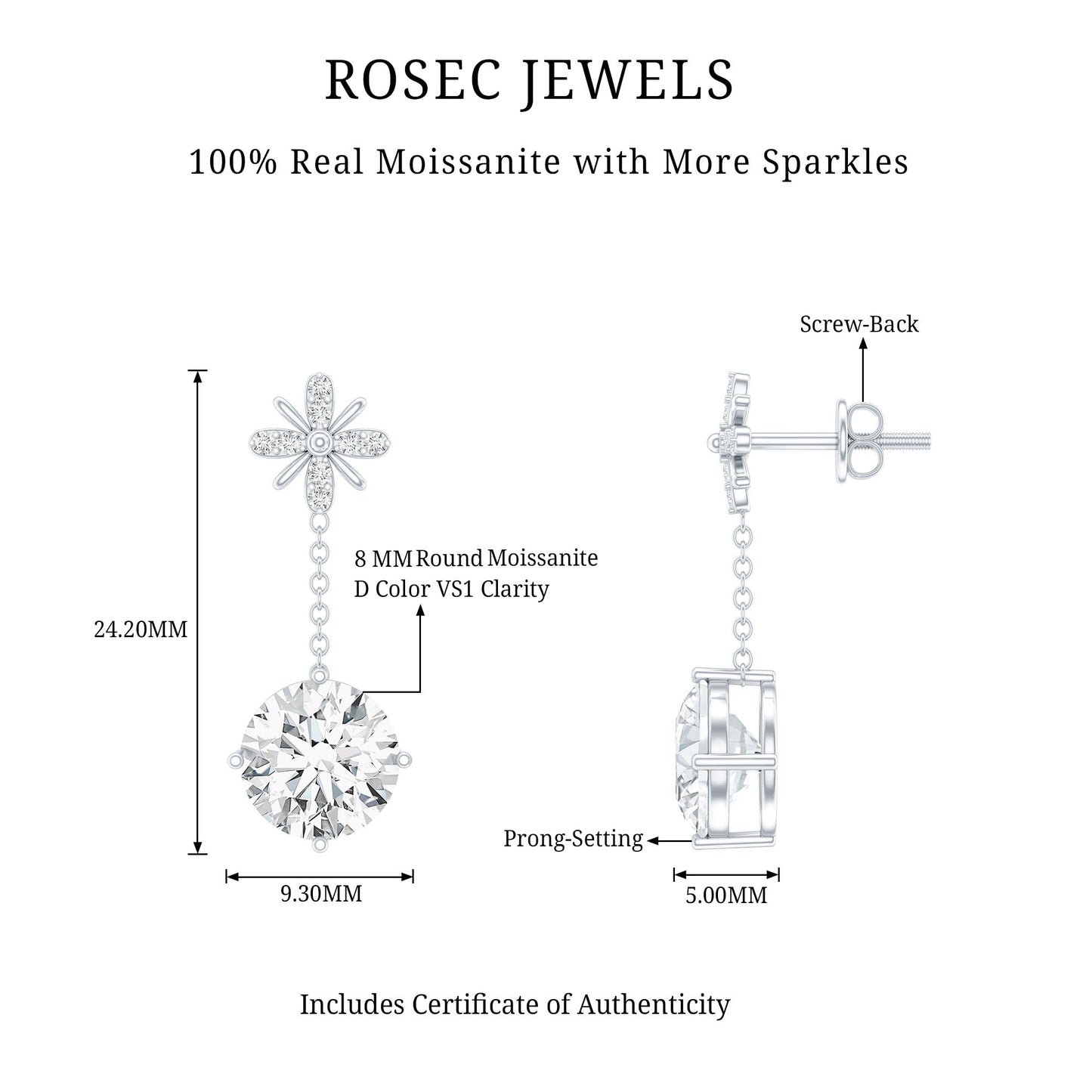 Floral Inspired 4.2 Carat Moissanite Dangling Earrings in Silver