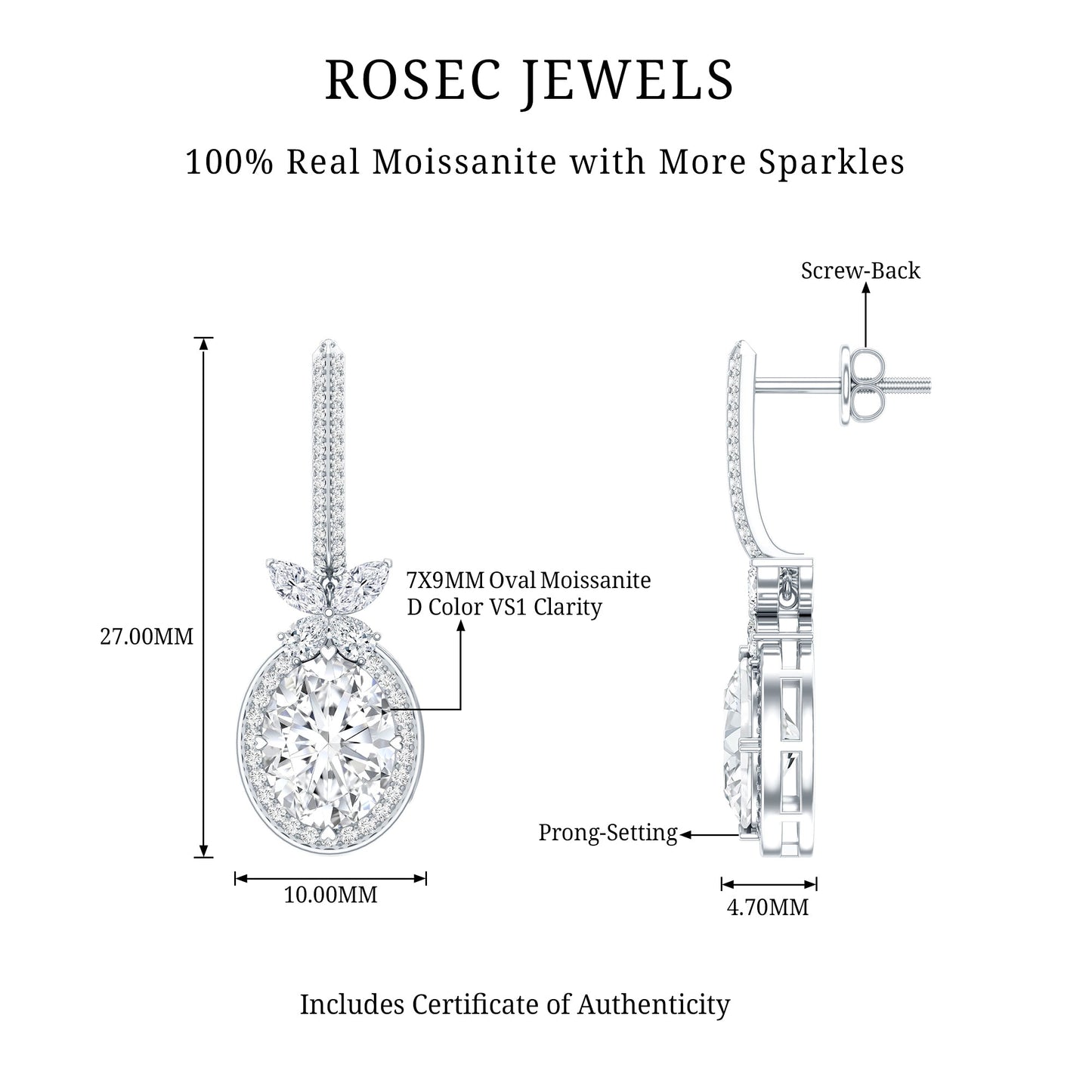 Certified 7X9 MM Oval Moissanite Wedding Drop Earrings with Screw Back