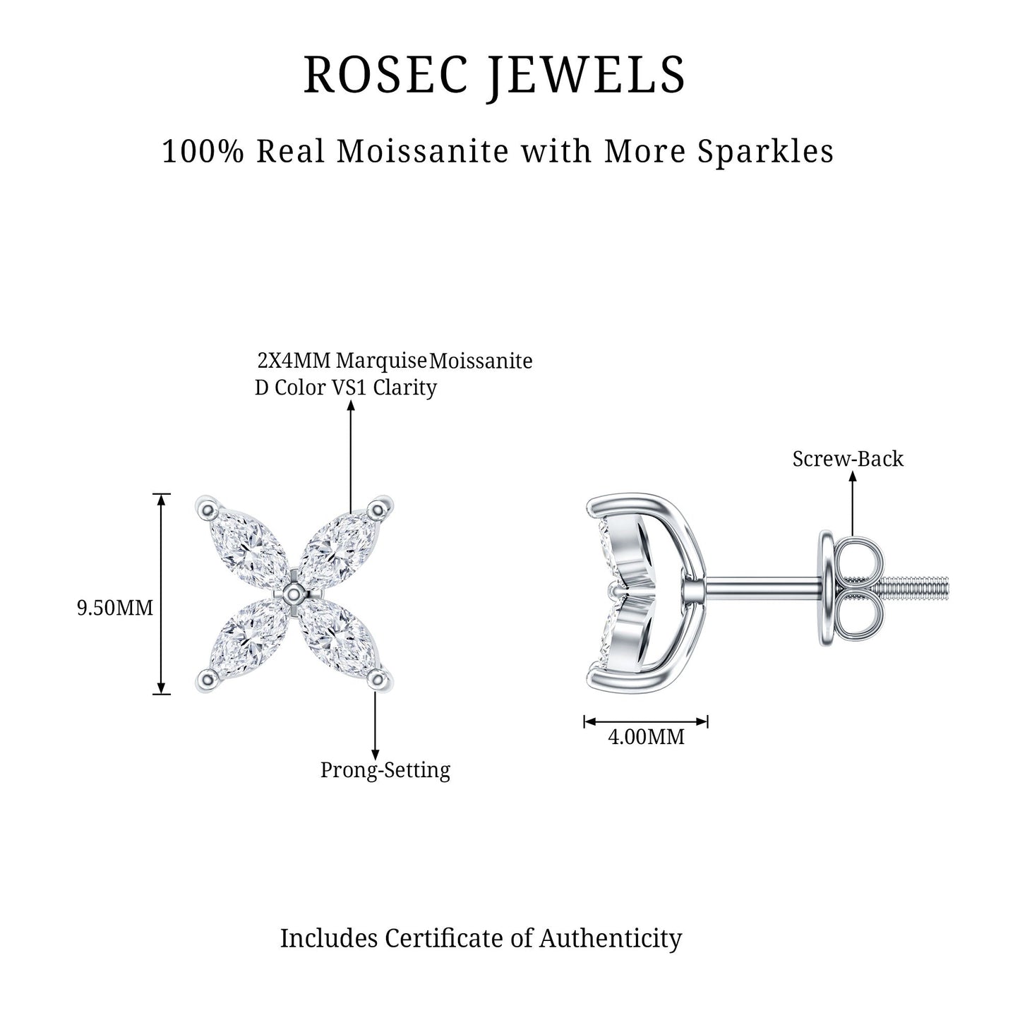 Marquise Shape Moissanite Flower Stud Earrings