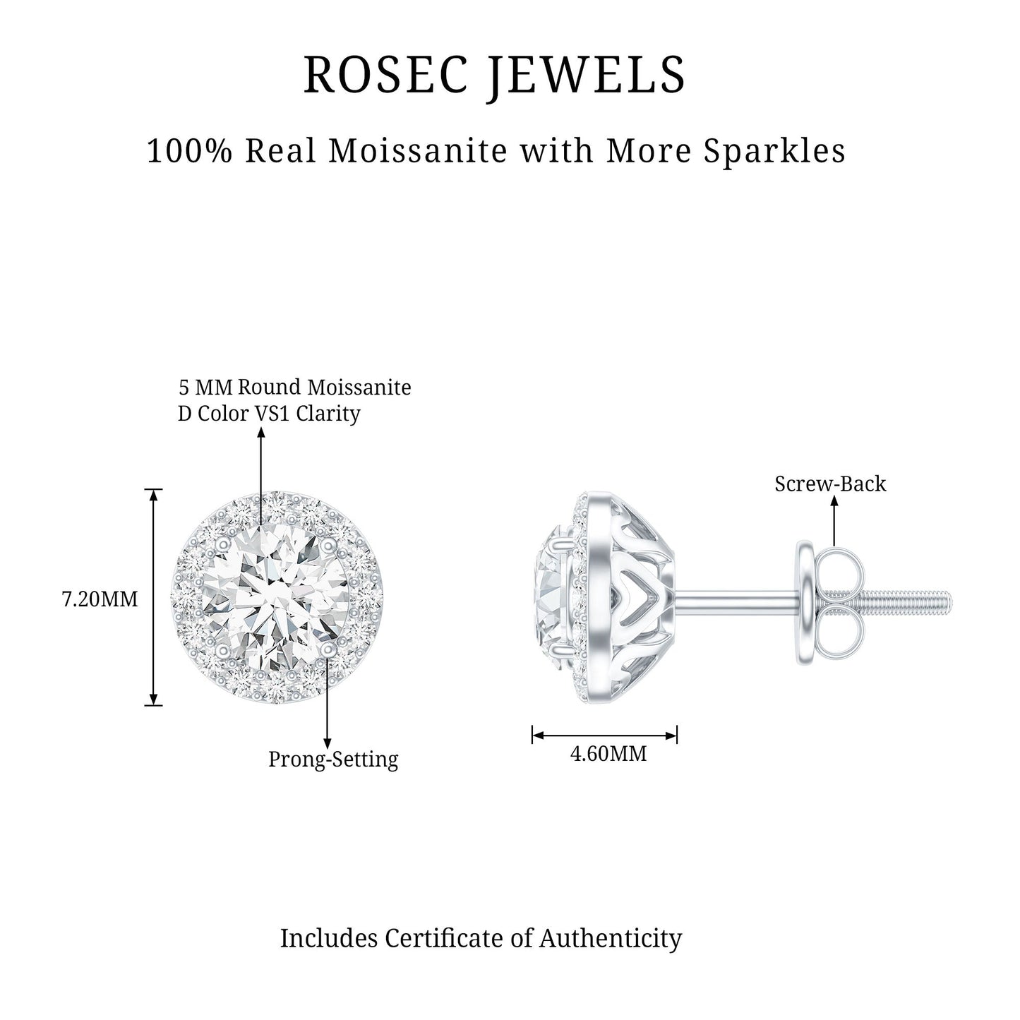 Certified 1 Carat Round Moissanite Classic Stud Earrings in Silver