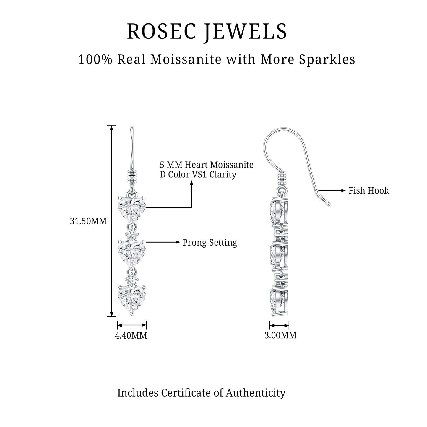 Heart and Round Shape Moissanite Dangle Earrings