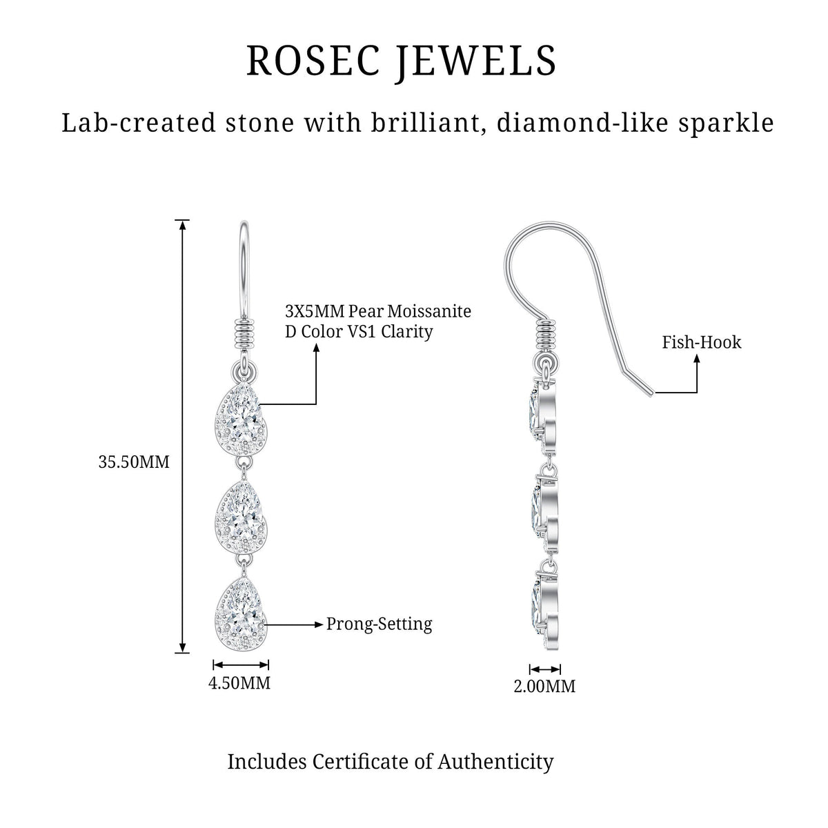 Certified Moissanite Dangling Wedding Earrings for Bride