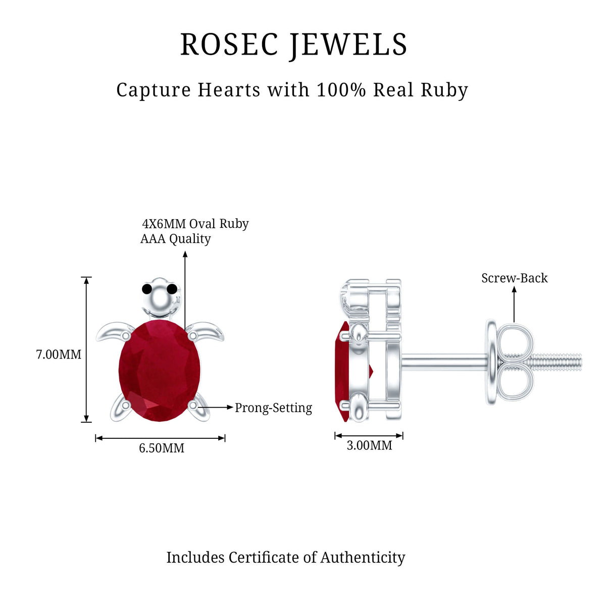 1.2 Carat Turtle Stud Earrings with Oval Cut Ruby