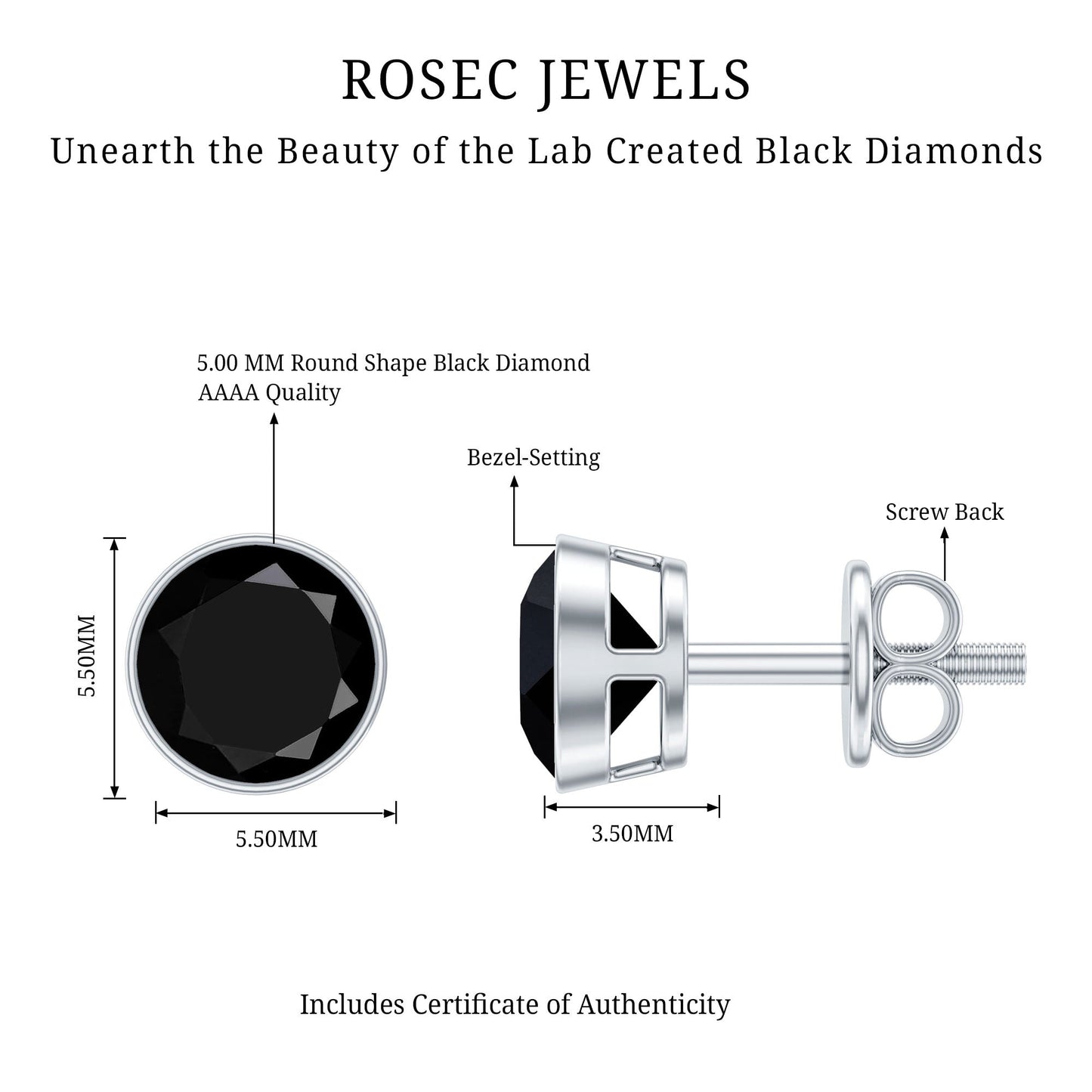 1.6 Carat Created Black Diamond Solitaire Stud Earring in Bezel Setting