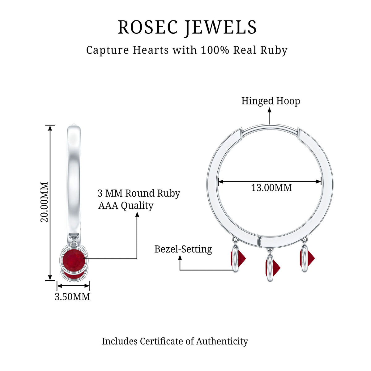 Natural Ruby Drop Hoop Earrings for Women