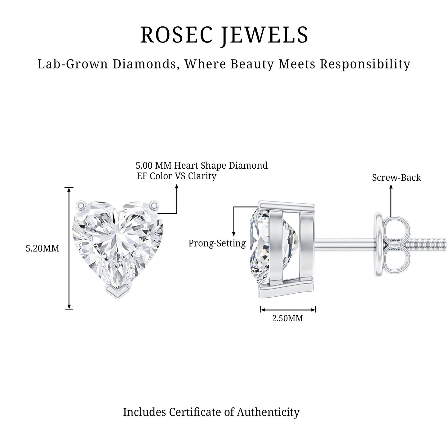 1 Carat Lab Grown Diamond Heart Stud Earrings in 14K Gold Plated Silver