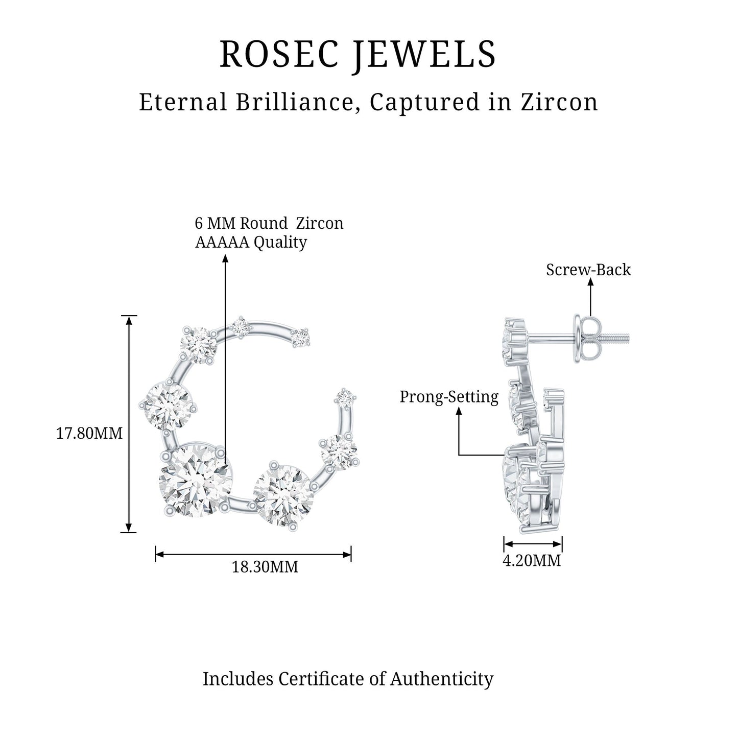 Cubic Zirconia Big Stud Earrings with Screw Backs