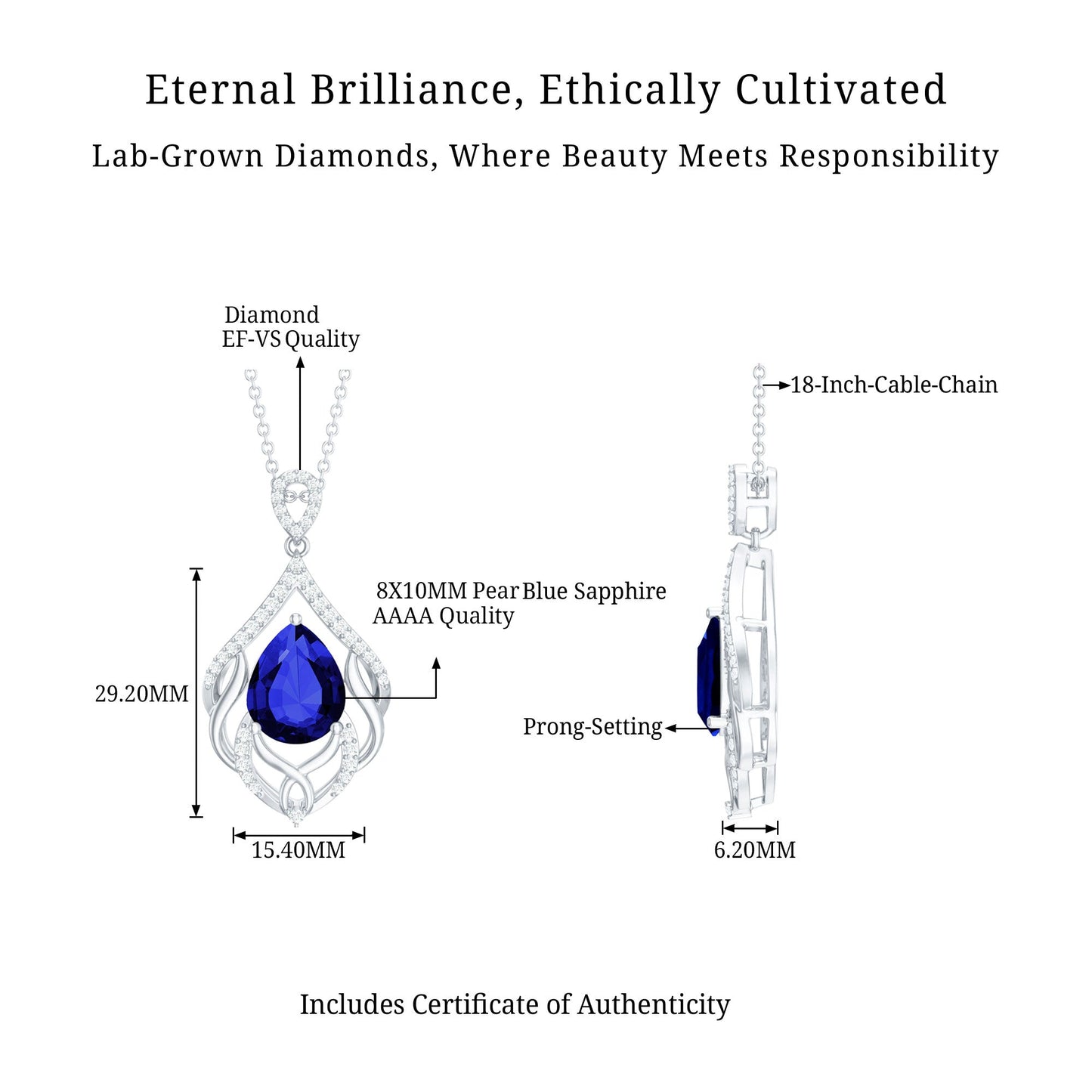 Certified Lab Grown Blue Sapphire Designer Necklace with Diamond Accent