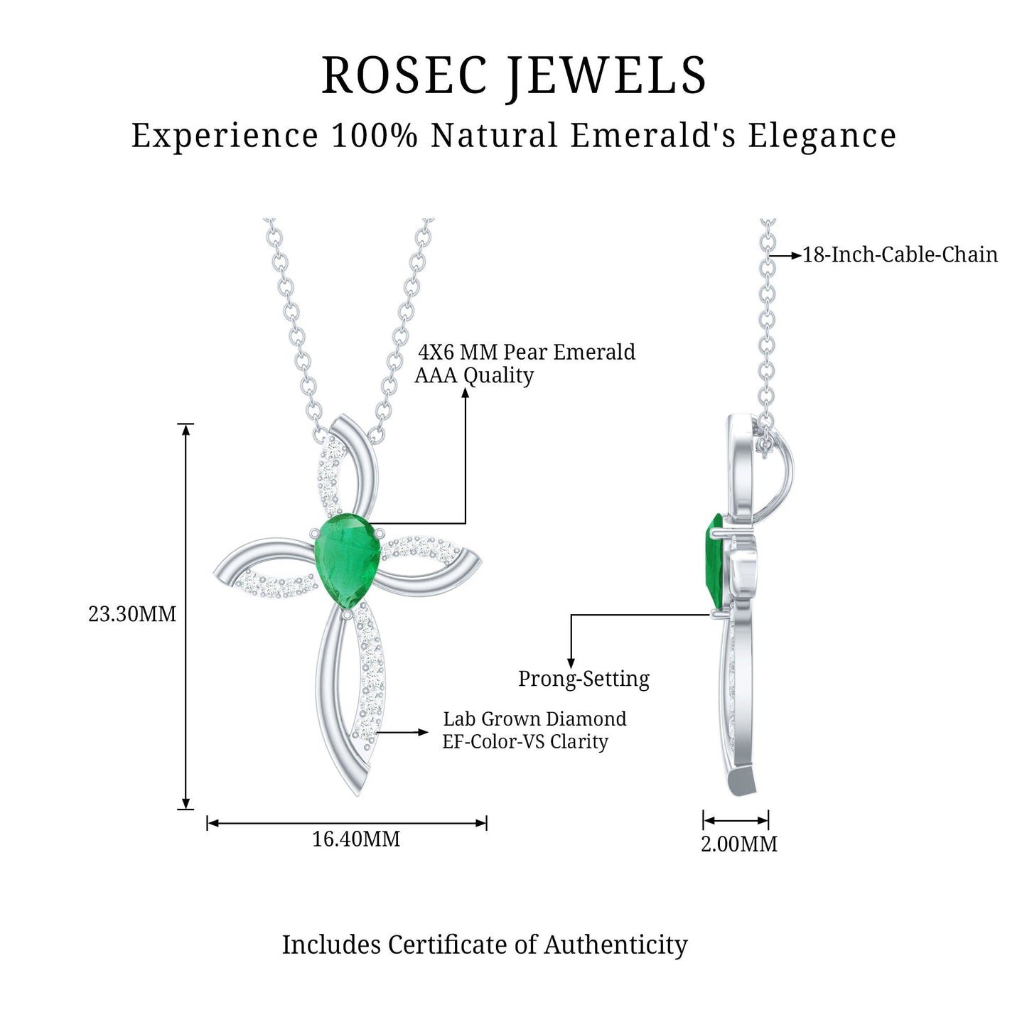 Certified Lab Grown Emerald Diamond Cross Pendant Necklace