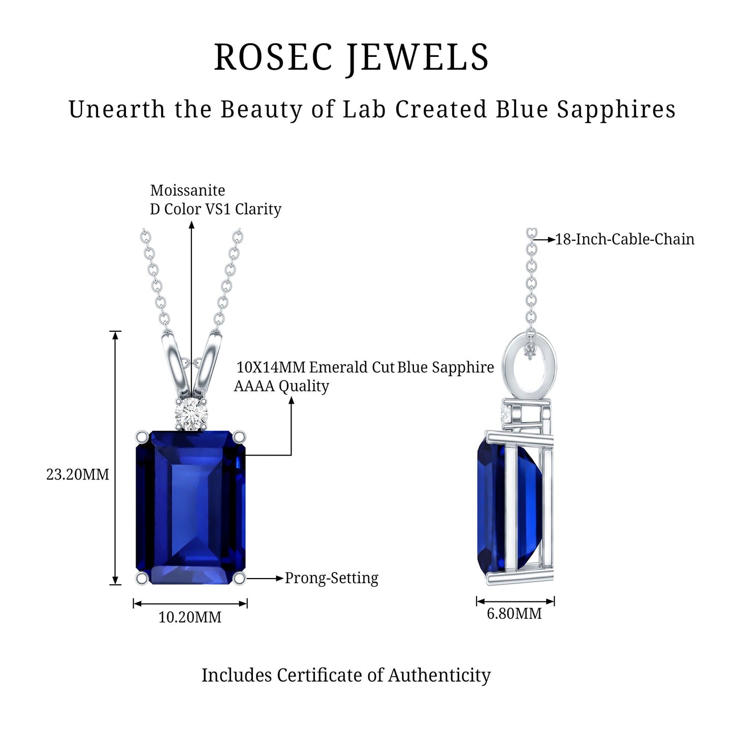 9 Carat Emerald Cut Lab Grown Blue Sapphire Solitaire Necklace With Silver Chain