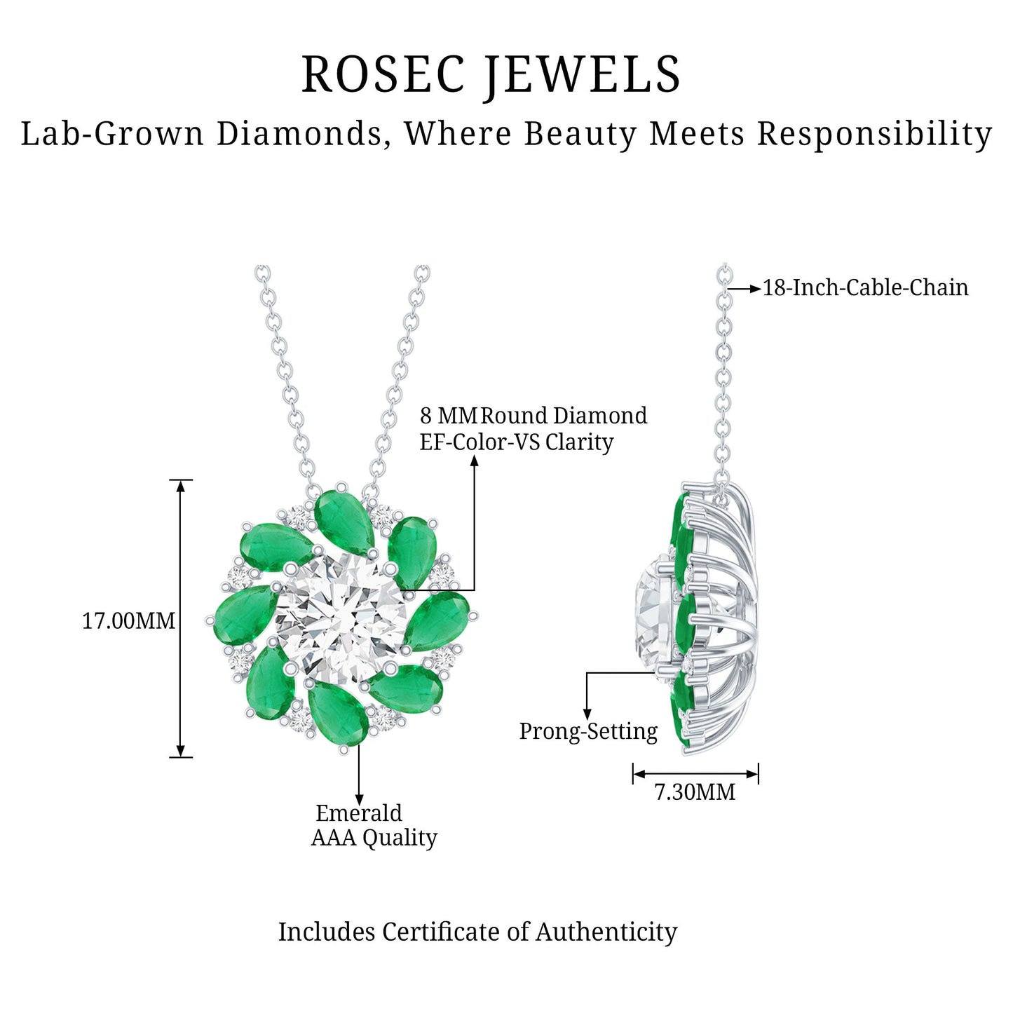 2 Carat Lab Grown Diamond Emerald Flower Bridal Necklace