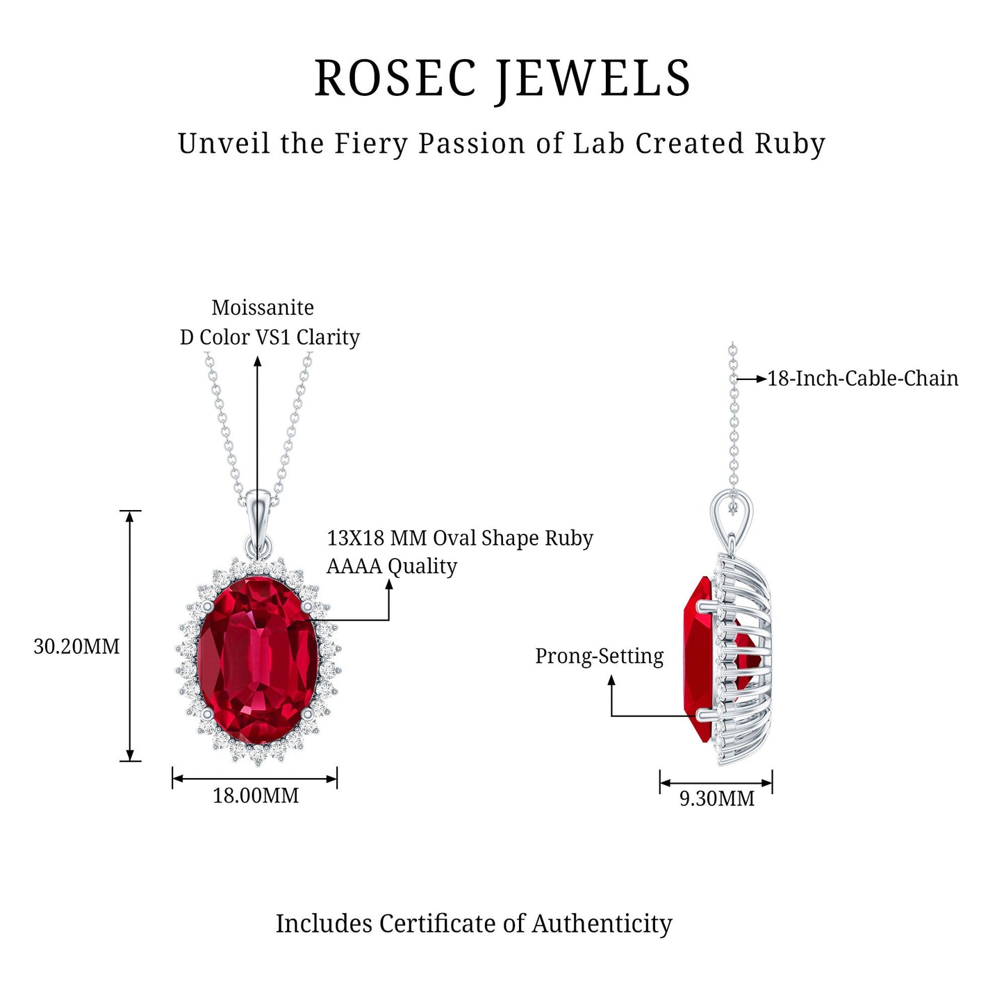 Sterling Silver 14 carat Lab Grown Ruby Oval Necklace with Halo