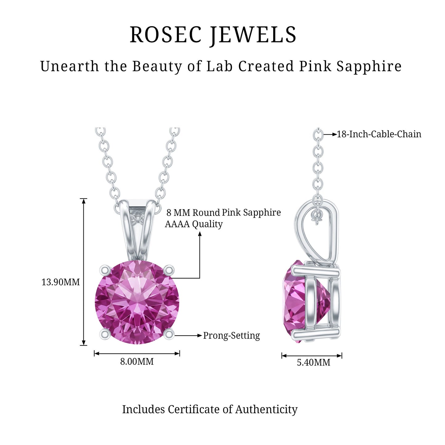 2 Carat Lab Grown Pink Sapphire Solitaire Necklace with Silver Chain