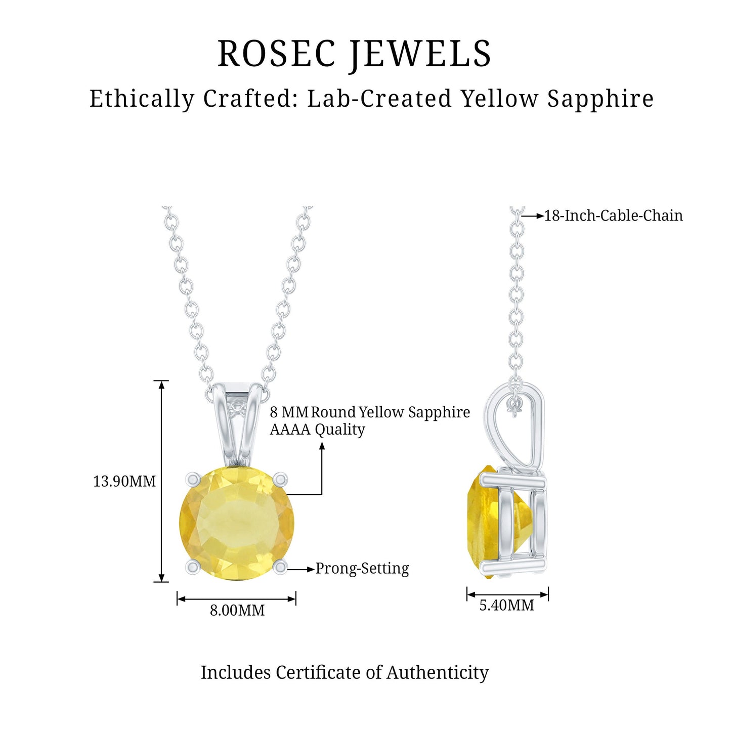2 Carat Lab Grown Yellow Sapphire Solitaire Necklace with Silver Chain