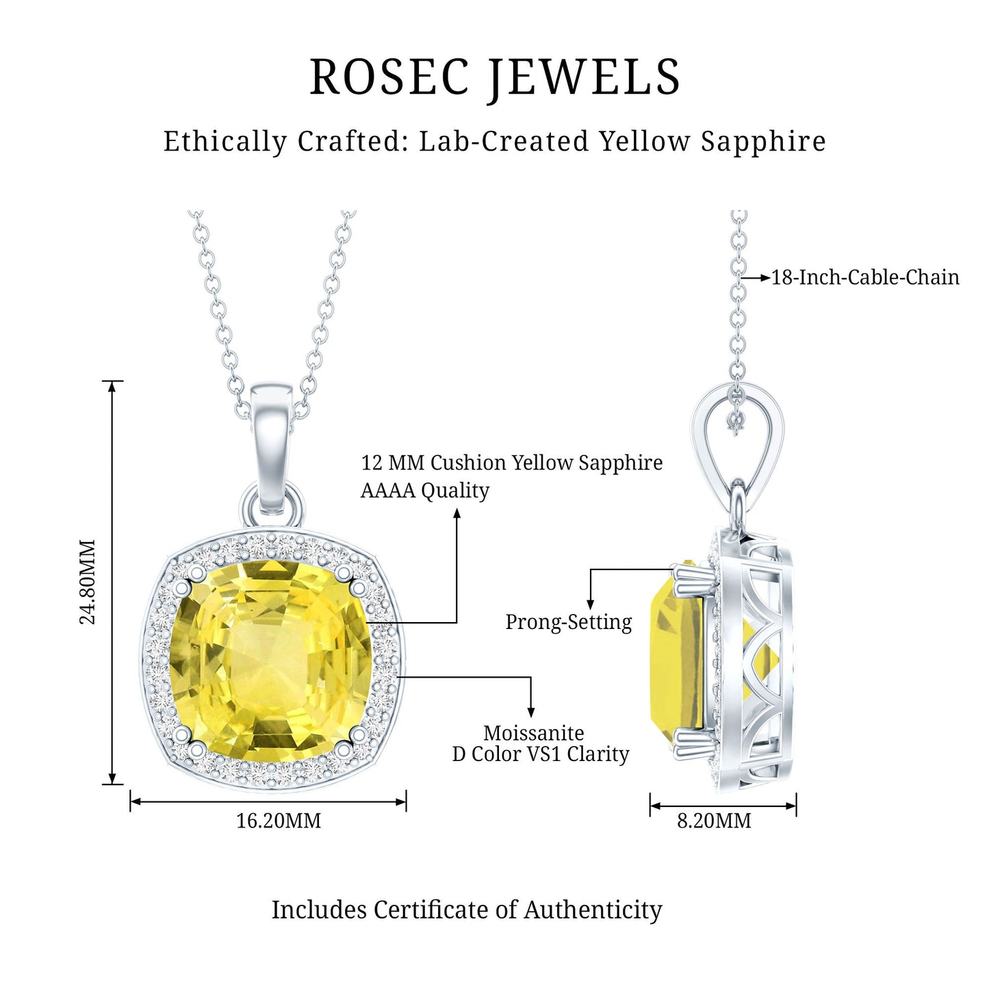 9 Carat Cushion Cut Lab Yellow Sapphire Statement Necklace with Silver Chain