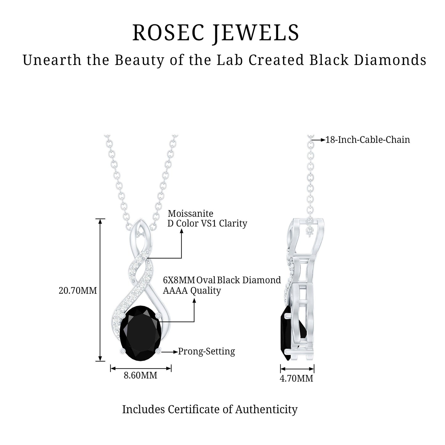 1.9 Carat Lab Grown Black Diamond Infinity Pendant Necklace with Silver Chain