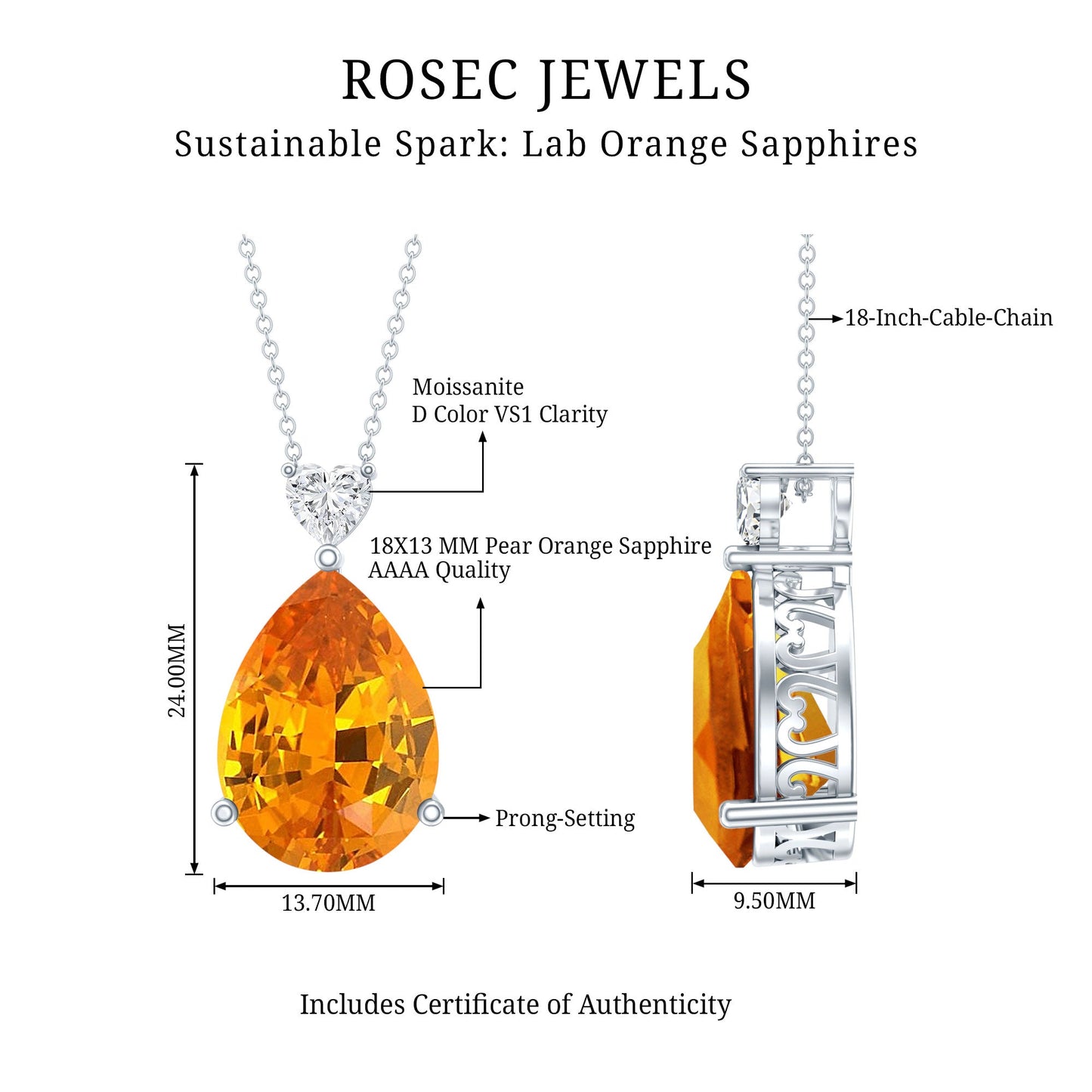 9 Carat Pear Shape Lab Grown Orange Sapphire Teardrop Necklace with Silver Chain