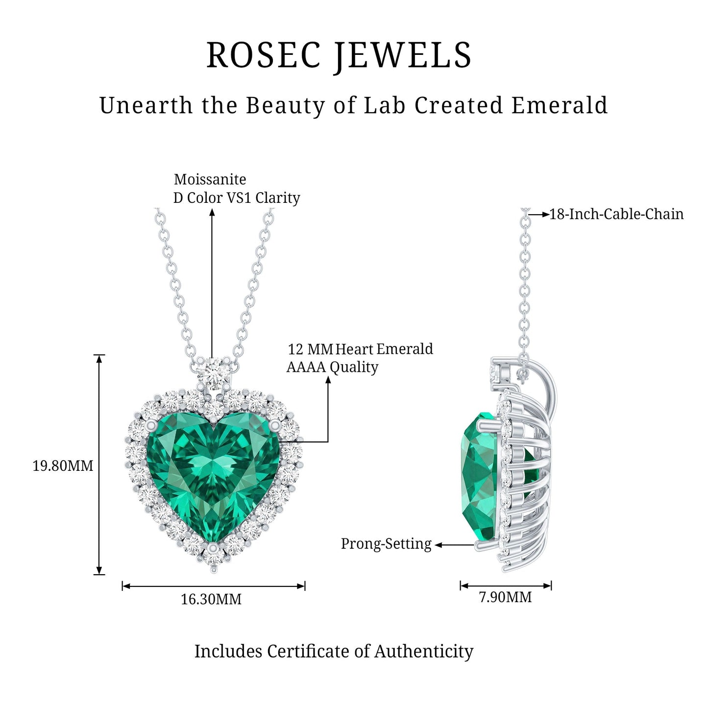 Certified 5.5 Carat Lab Grown Emerald Heart Necklace With Silver Chain
