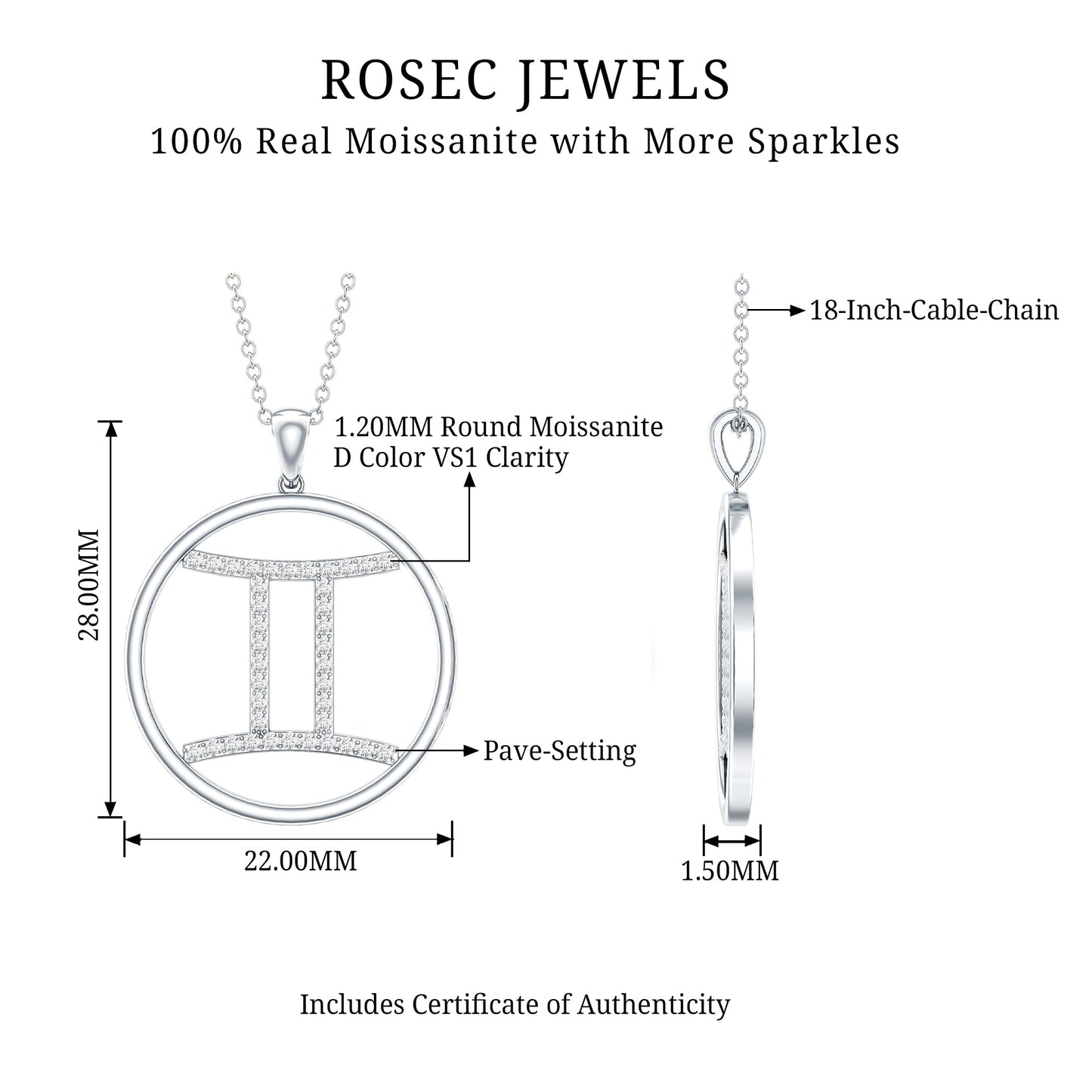 Certified Moissanite Gemini Zodiac Sign Pendant Necklace