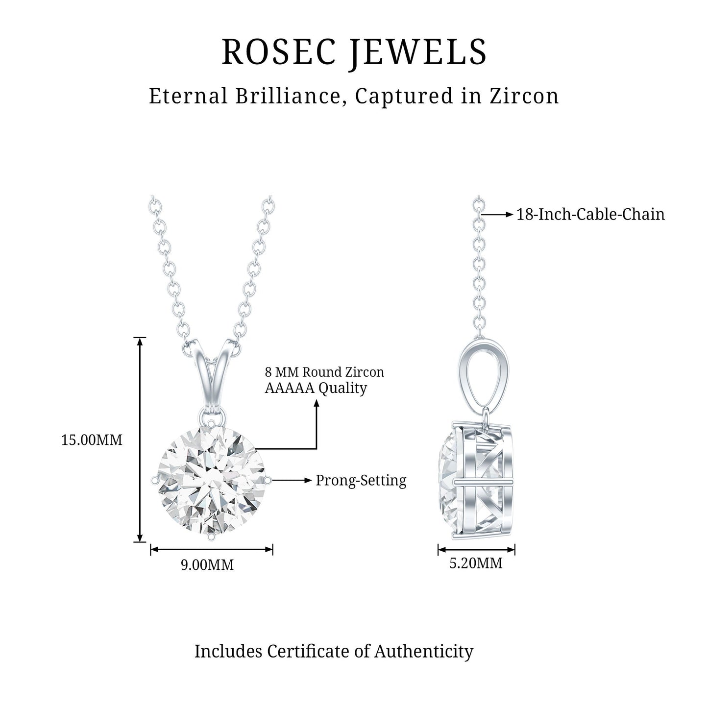 2 Carat Cubic Zirconia Solitaire Necklace with Silver Chain
