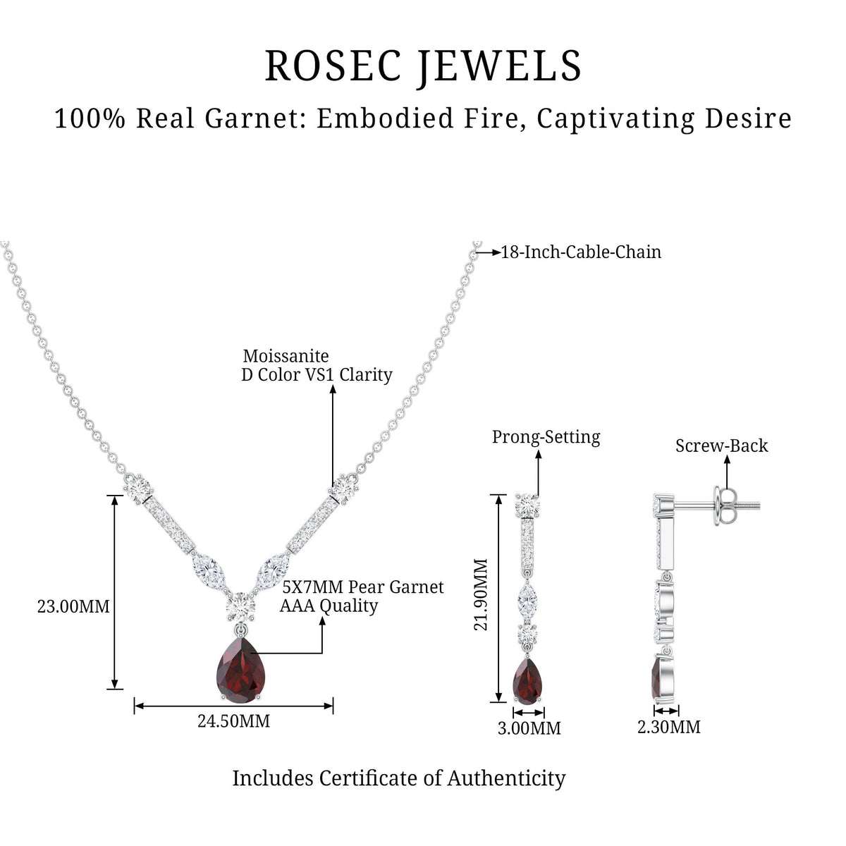 Garnet Drop & Dangle Necklace and Earrings Set with Moissanite