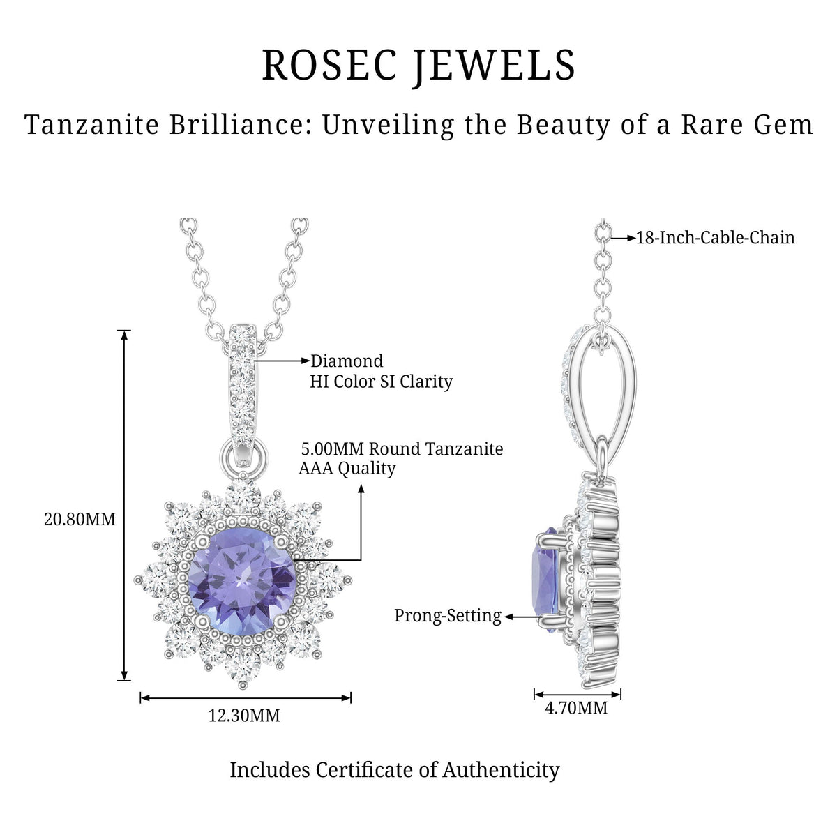 Round Tanzanite Bridal Necklace with Diamond Accent Bail