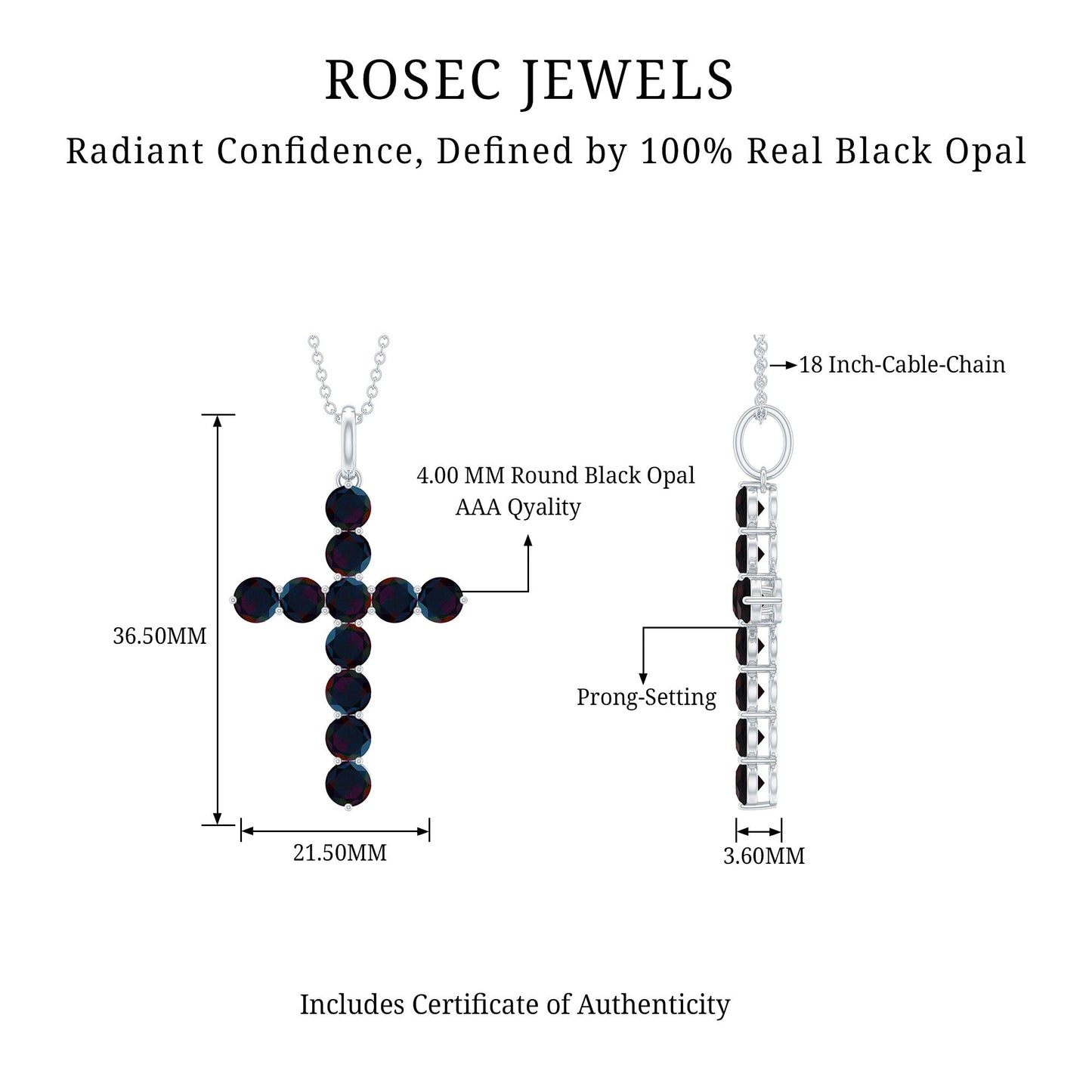 Natural Black Opal Cross Pendant Necklace in Silver