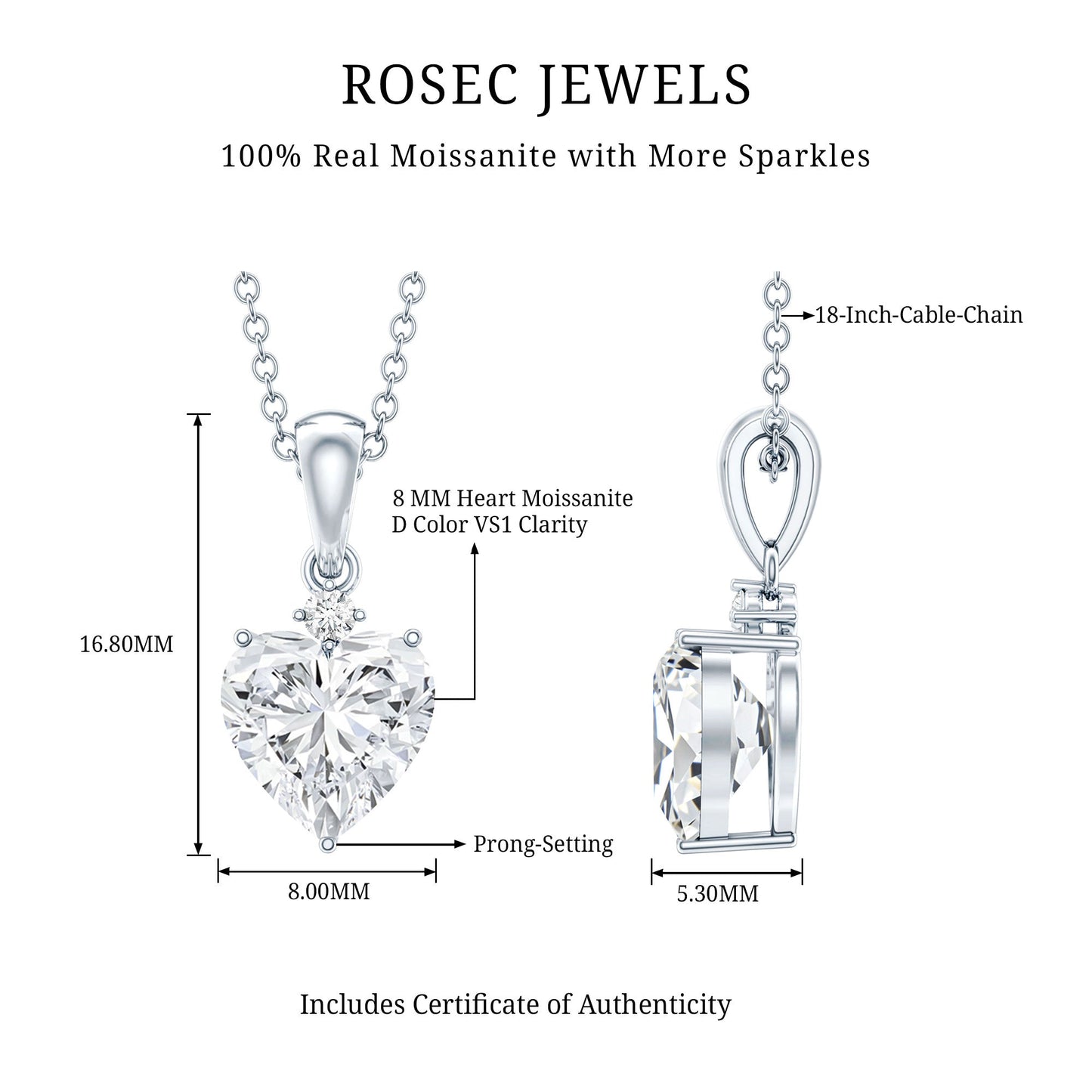 Sterling Silver 2 Carat Moissanite Heart Pendant Necklace